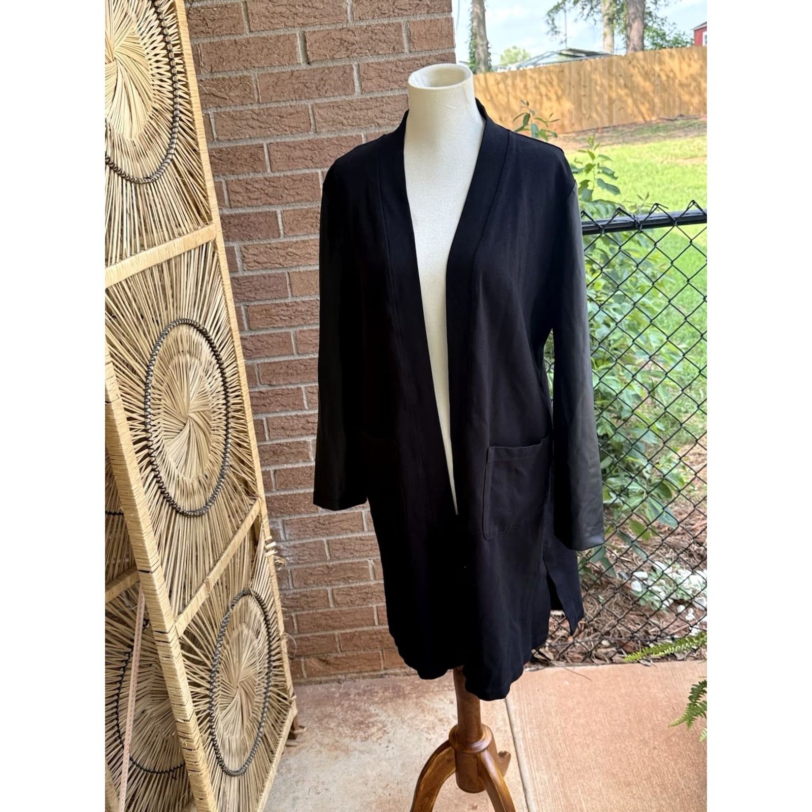 Vintage Clara Sun Woo Black Ponte/Liquid Leather Open Front Cardigan Medium Women Cardigan Size M / US 6-8 / IT 42-44 - 4 Thumbnail
