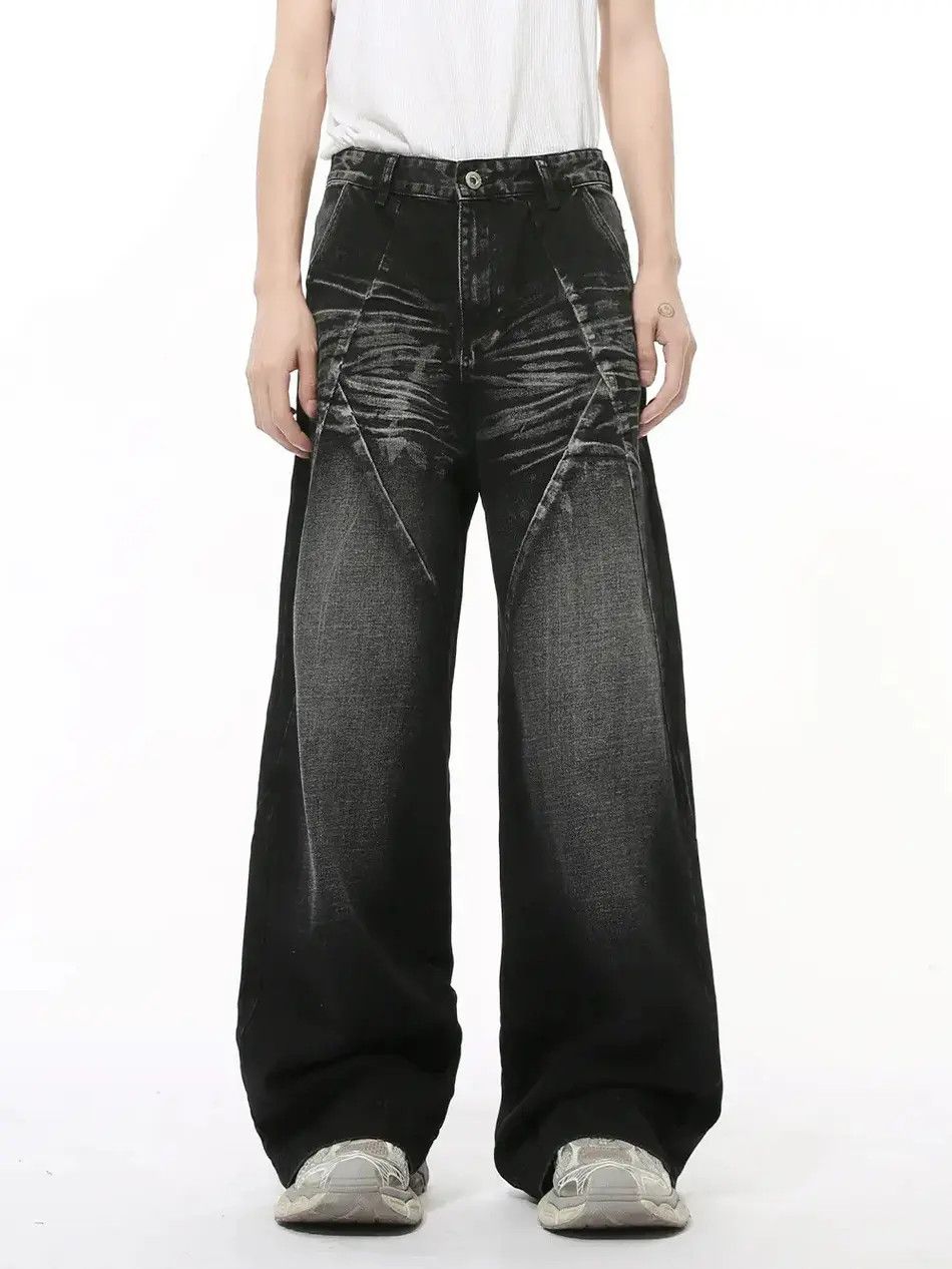 Japanese Brand Retro spliced straight leg cat whisker jeans Size US 32 / EU 48 - 1 Thumbnail