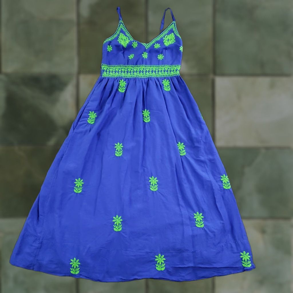 Vintage Gretchen Scott Dress Womens Small Blue Embroidered Floral Sundress Size S / US 4 / IT 40 - 1 Thumbnail
