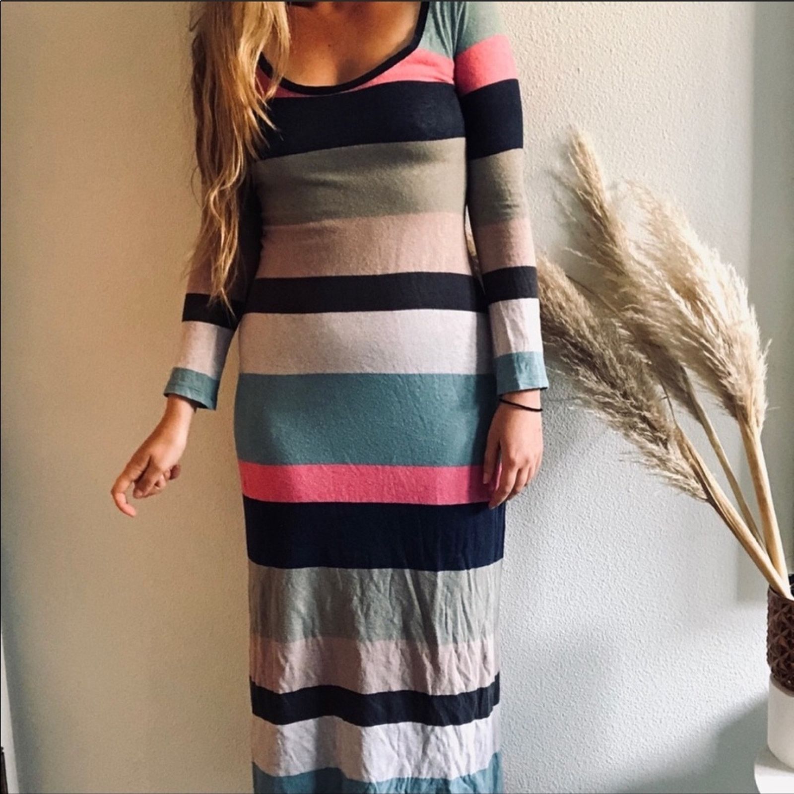 ANTHROPOLOGIE SPLENDID Blue Pink Tan Grey Striped Maxi Dress