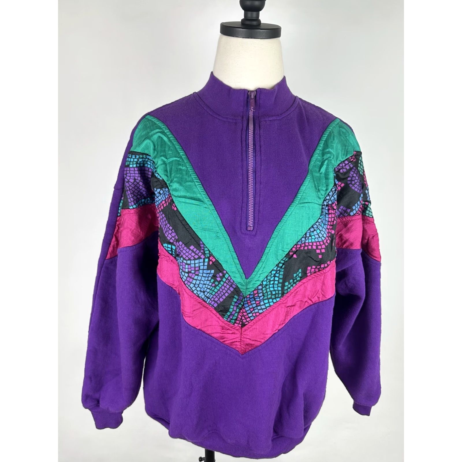 Vintage VINTAGE Active Elements Sweatshirt 80s 90s Geometric Patchwork 1/4 Zip Pullover Purple Women's Large Knit Cotton Blend Casual Womens Size L / US 10 / IT 46 - 2 Thumbnail