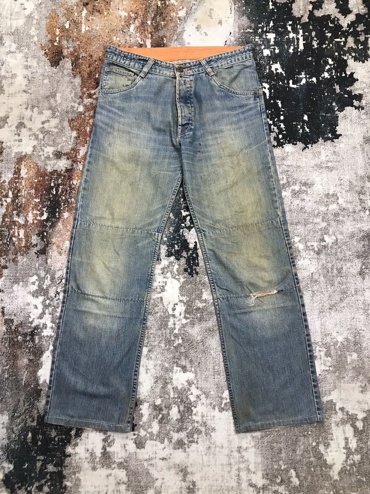 image of Japanese Double Knee 5Dsl Dirty Distressed Denim in Blue, Men's (Size 32)