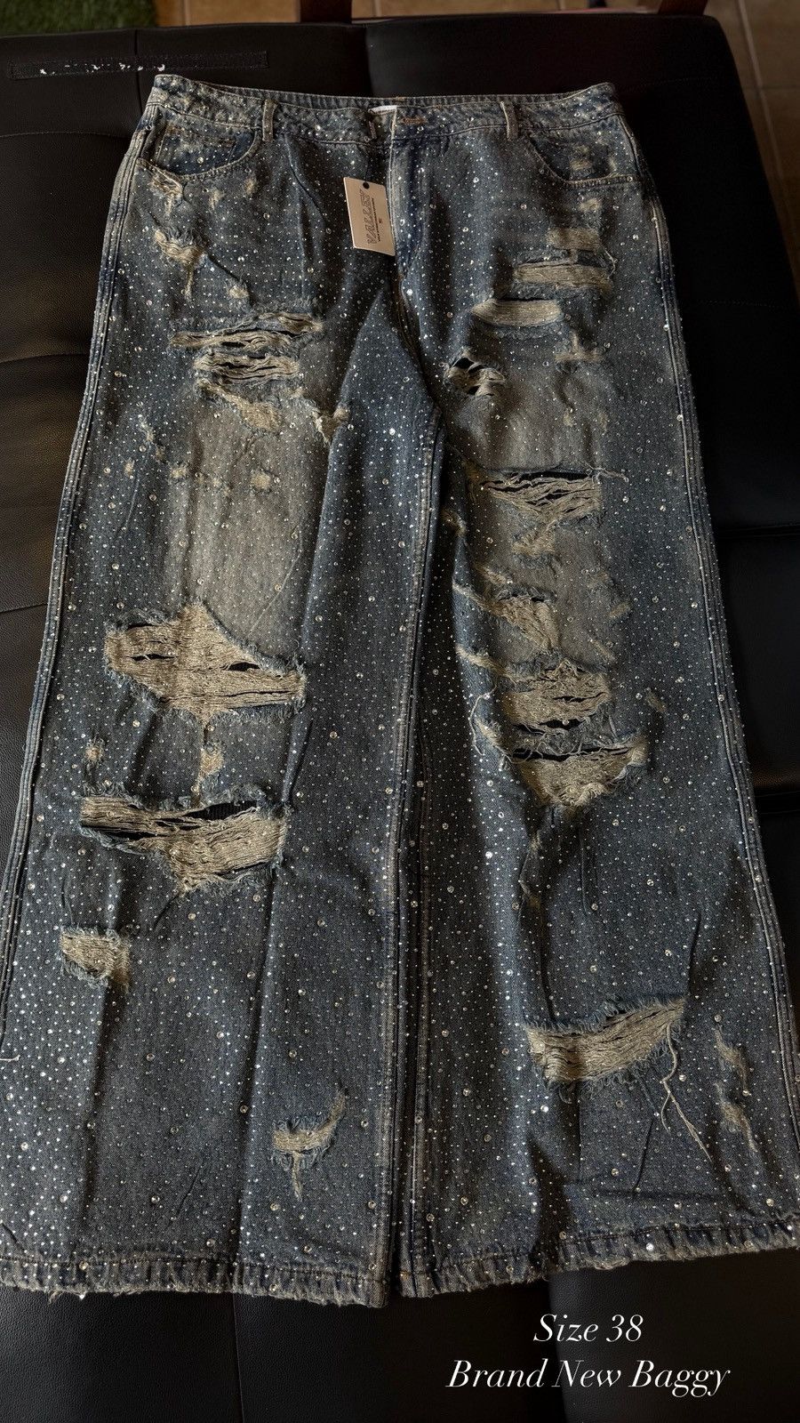 Vale Valley Stone Crystal Rhinestone Baggy Blue Jeans Size 38 Size US 38 / EU 54 - 1 Thumbnail