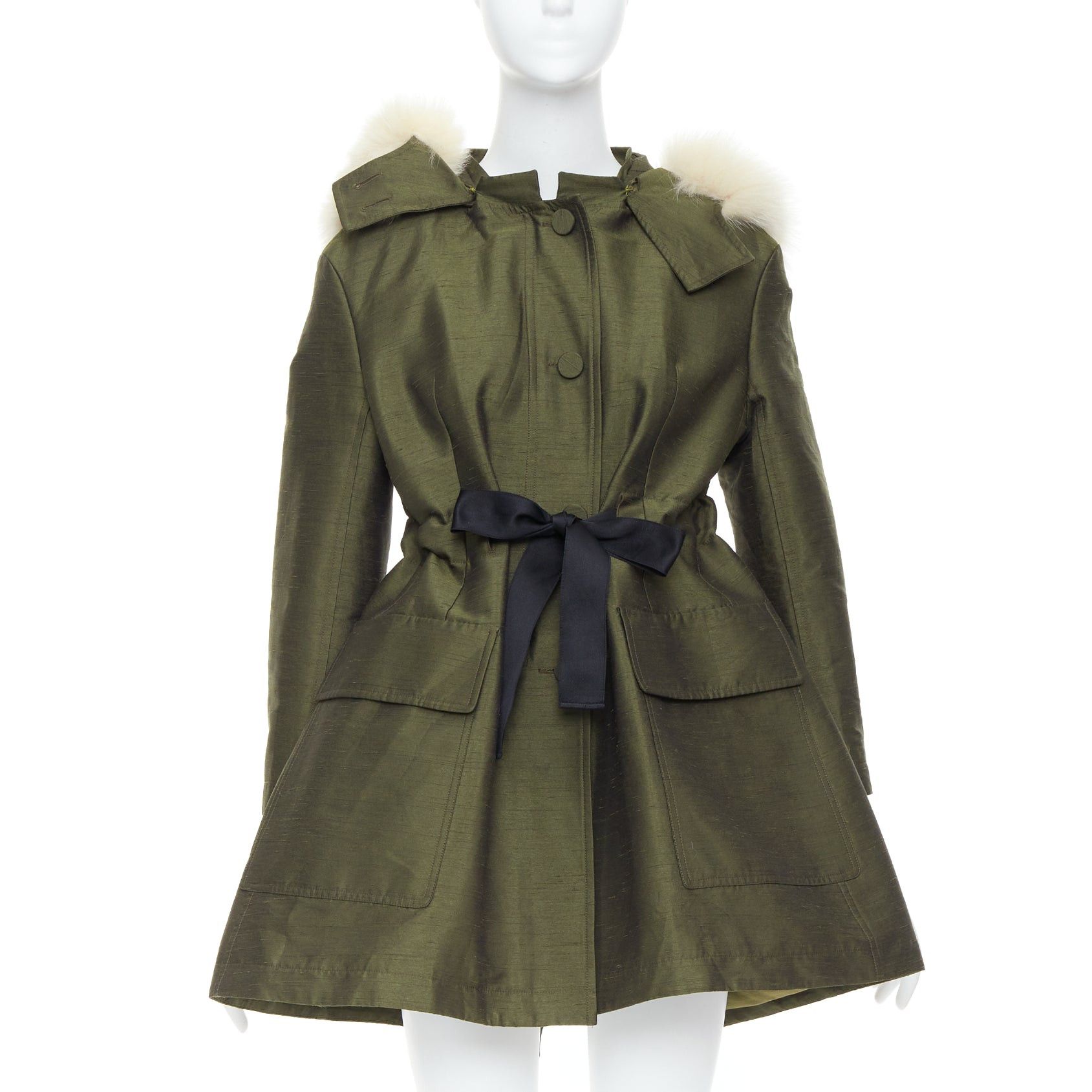 Dior DIOR military green pocketed cream fur hood belted anorak coat FR34 XS Size XS / US 0-2 / IT 36-38 - 1 Thumbnail