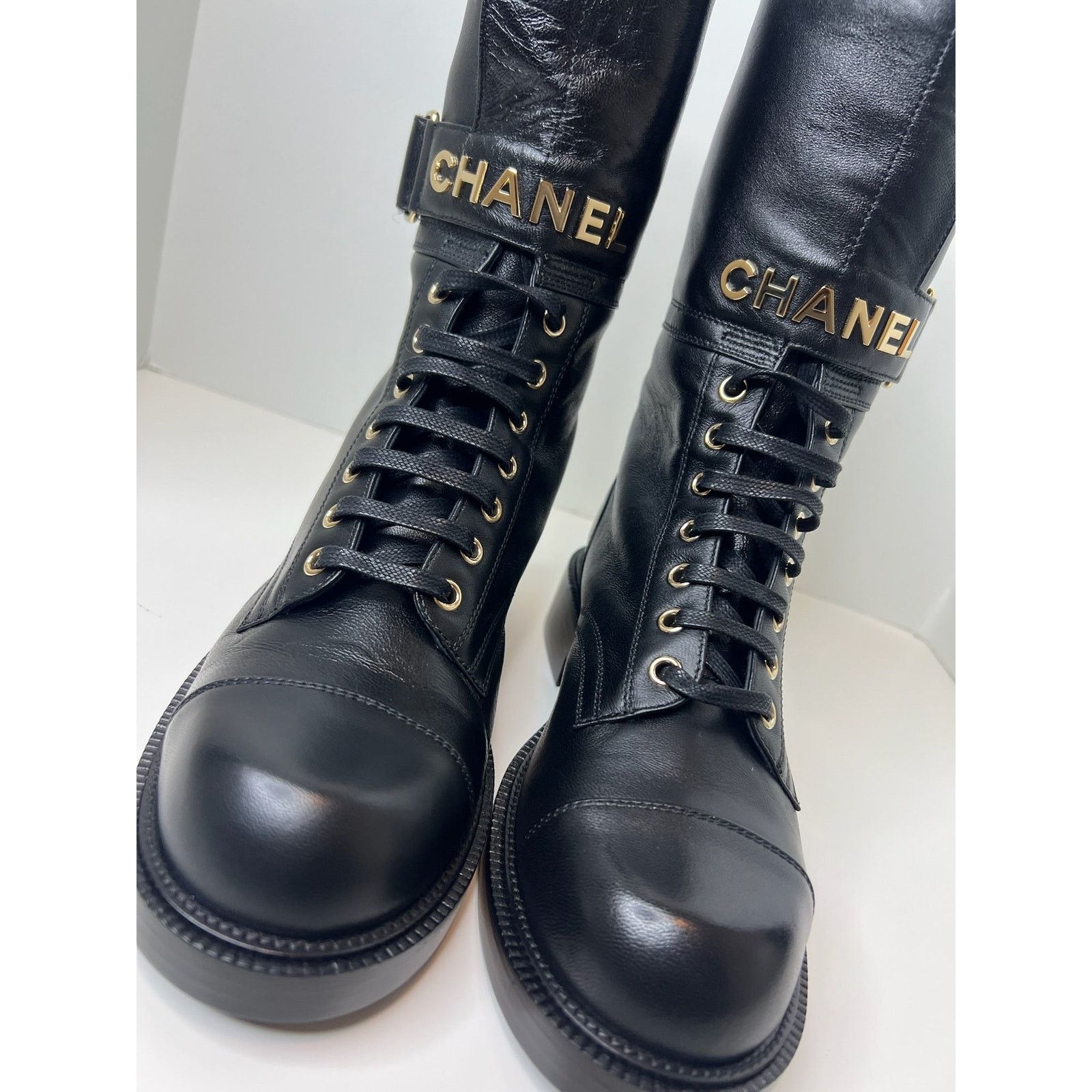 Chanel NWT! Chanel Lace Up Combat Boots, Black, Size 37.5 Size US 7.5 / IT 37.5 - 5 Thumbnail