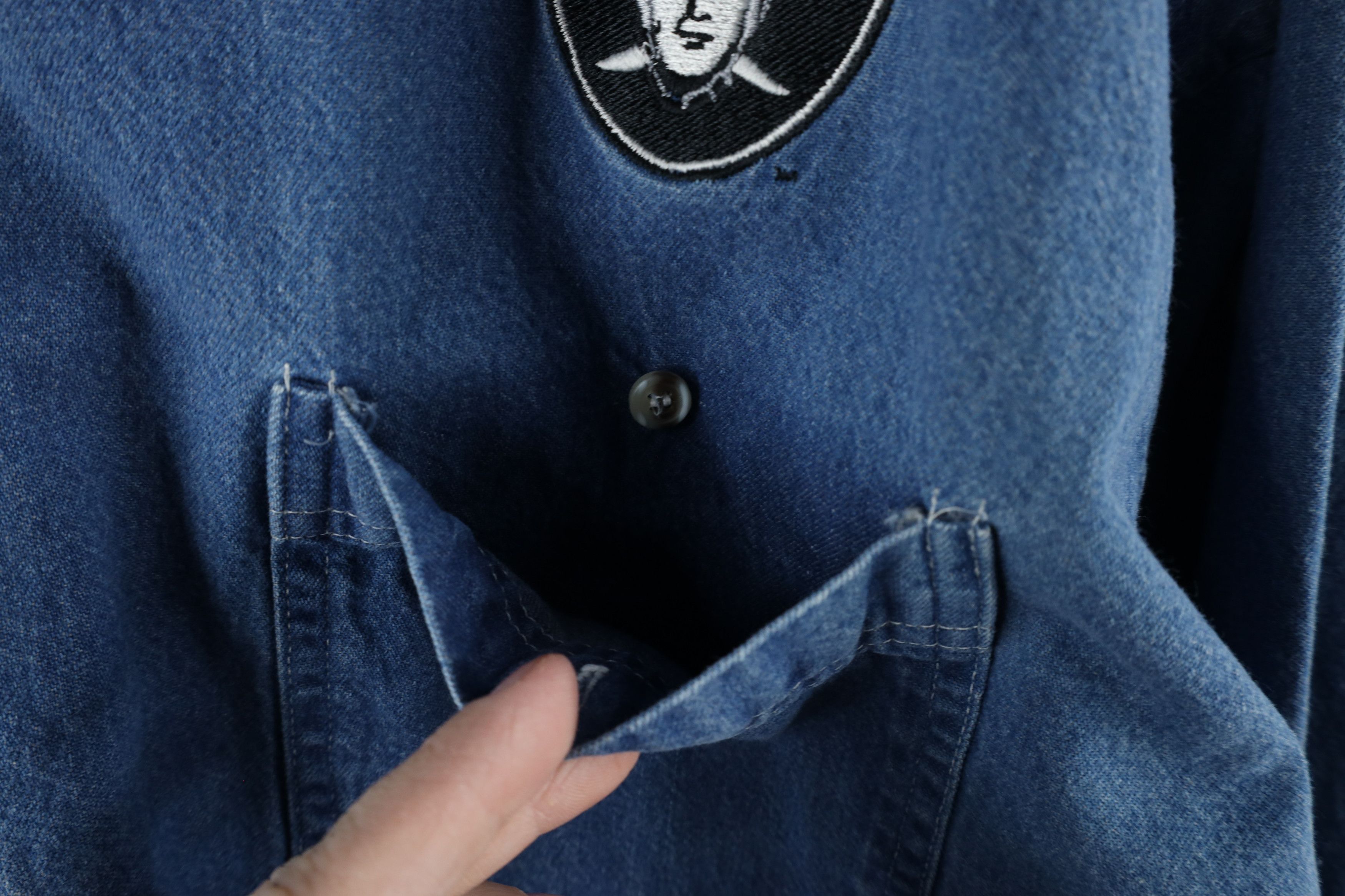 Vintage Vintage 90s Oakland Raiders Football Denim Button Down Shirt Size US XL / EU 56 / 4 - 5 Thumbnail