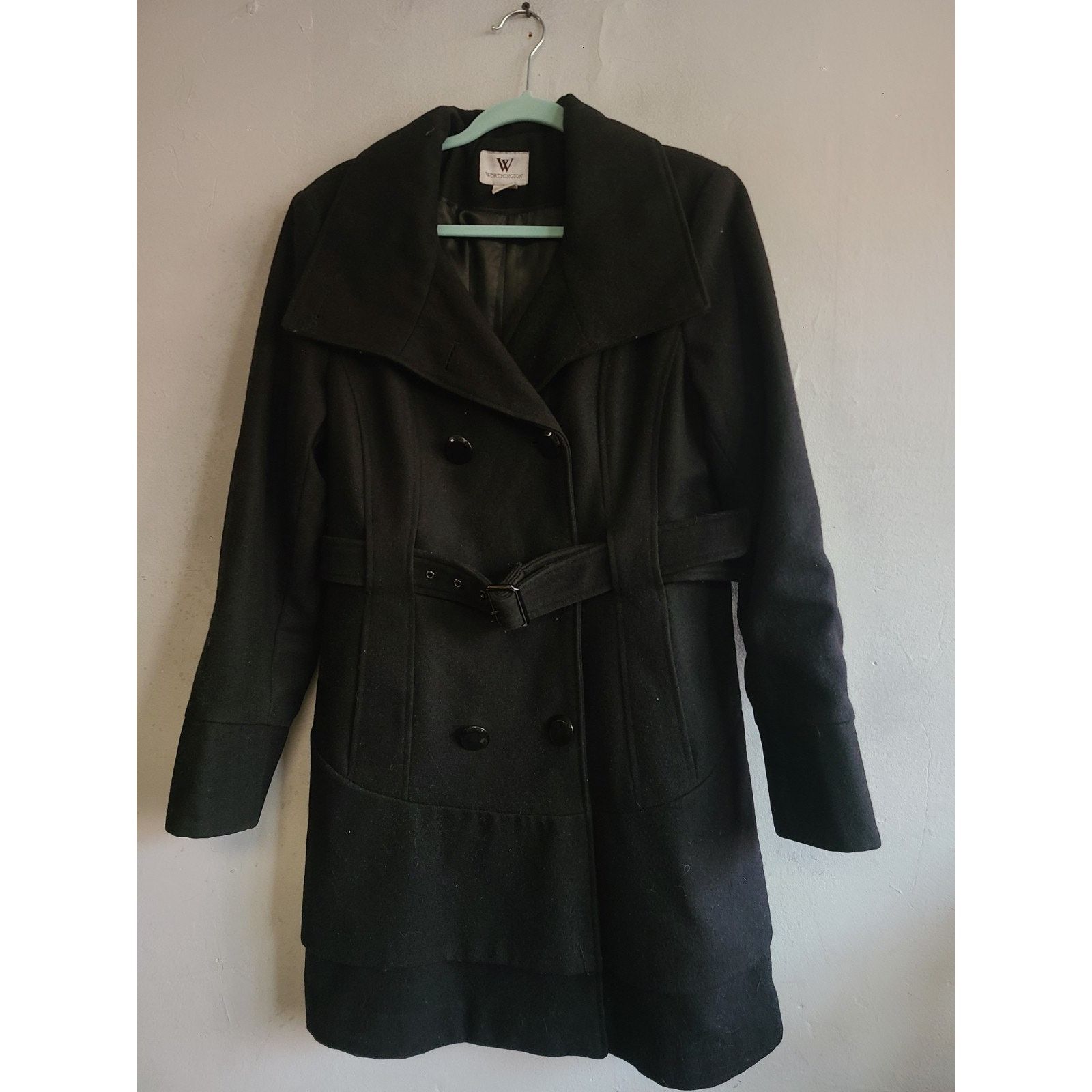 Worthington Women's large wool blend belted pea coat black Size L / US 10 / IT 46 - 9 Thumbnail