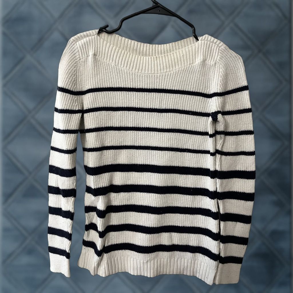 Talbots Talbots Women Sweater, XS, White Blue Stripe Knit Boat Neck Long Sleeve Pullover Size XS / US 0-2 / IT 36-38 - 1 Thumbnail