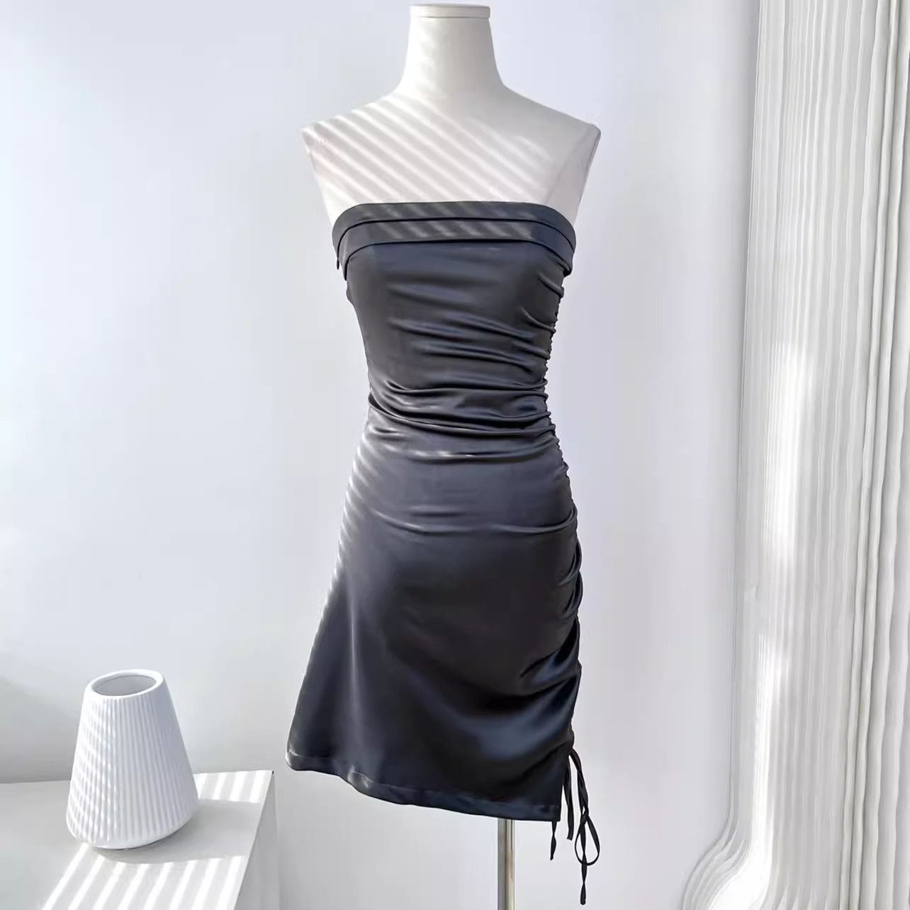 image of Vintage Sexy Strapless One-Side Drawstring Strap Irregular Dress in Grey, Women's (Size Medium)
