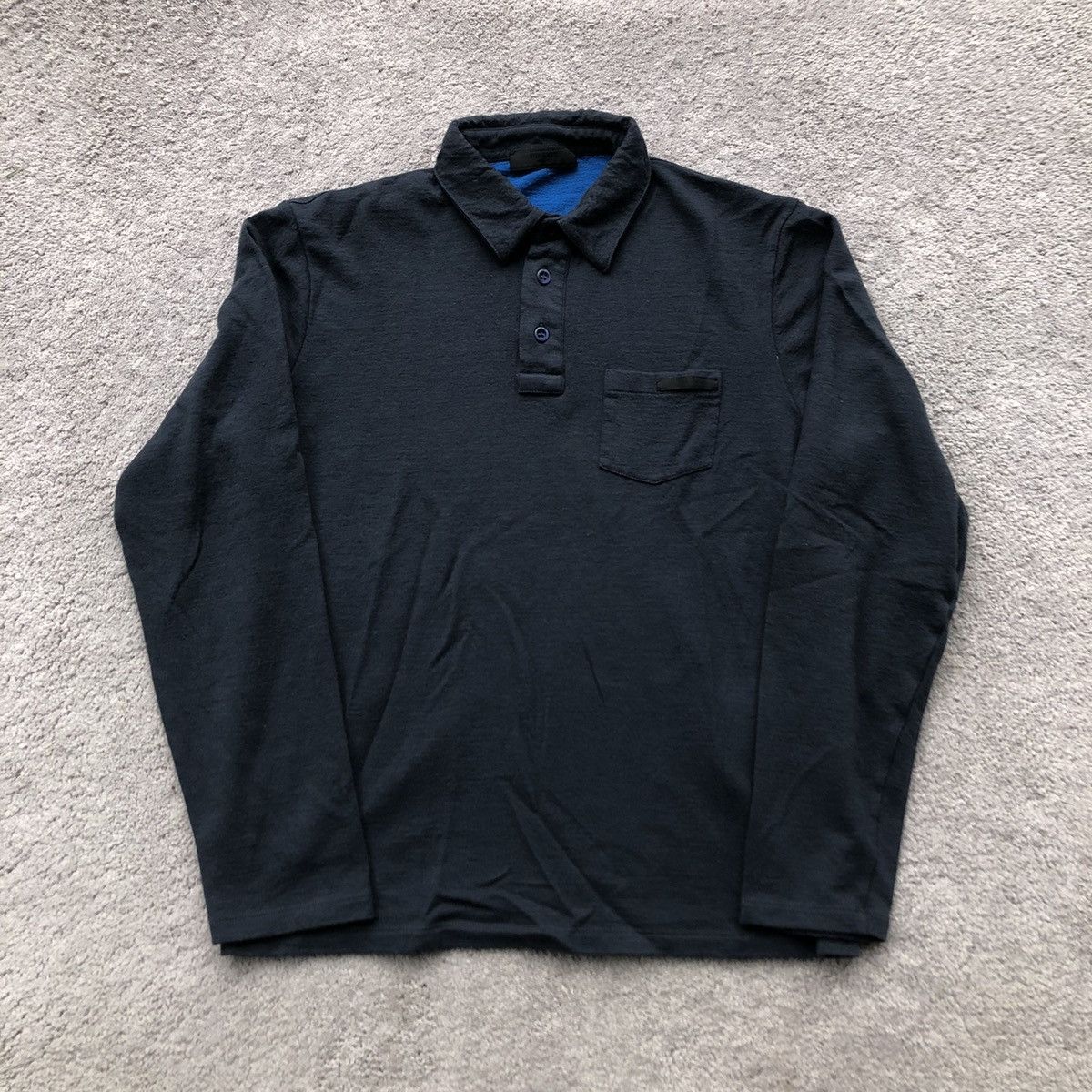 image of Designer Prada Longsleeve Wool Polo Shirt in Navy, Men's (Size XS)