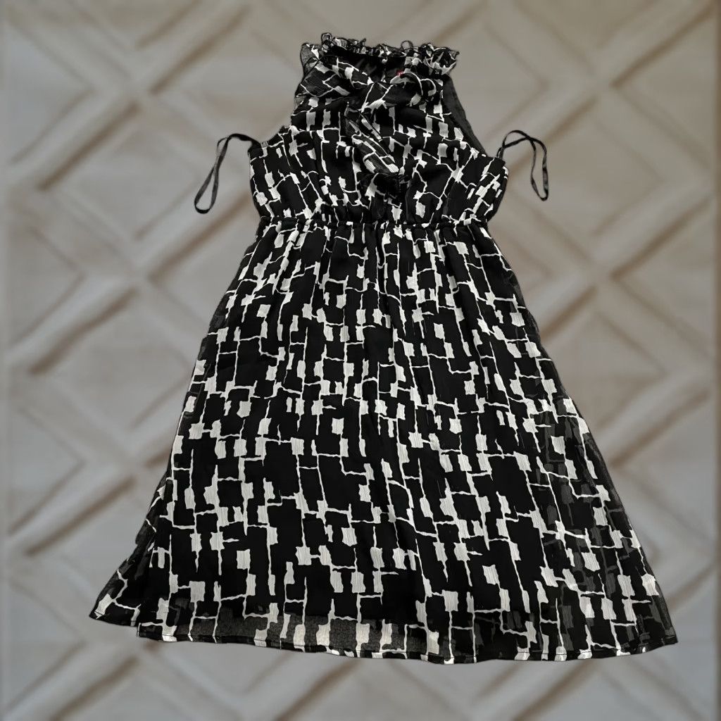 Merona Merona Dress Womens Small Black White Geometric Chiffon Halter Midi Sleeveless Ruffle Button Shirt? Size S / US 4 / IT 40 - 1 Thumbnail
