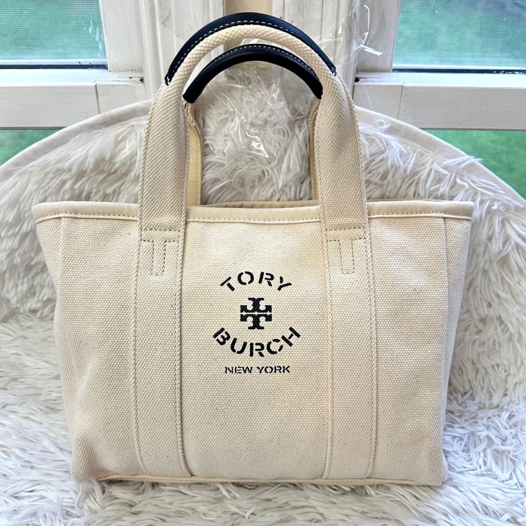 Tory Burch Tory Burch Mini Mercer Tote Hand Bag Purse Canvas Blue Trim Ivory Womens Size ONE SIZE - 2 Thumbnail