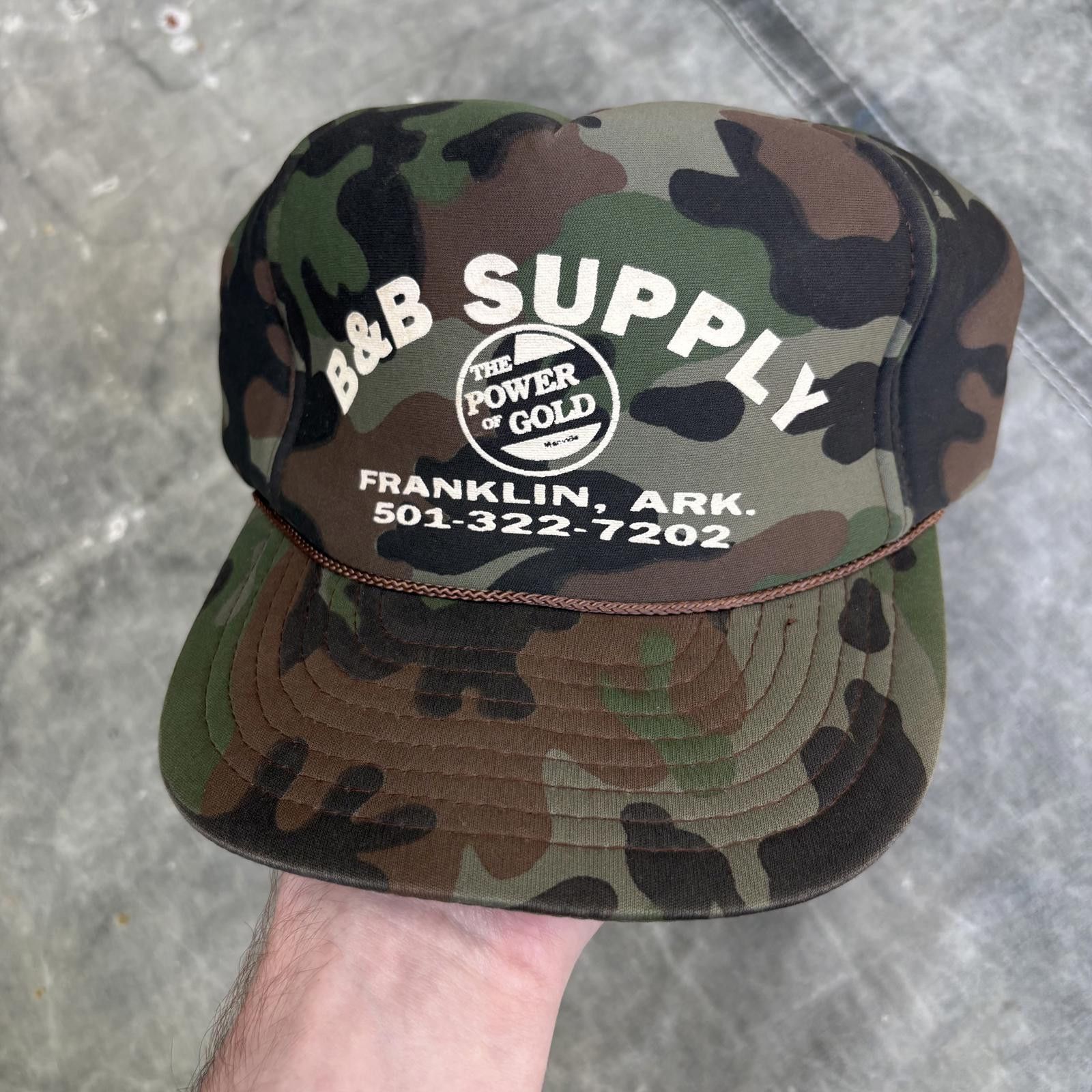 Vintage Vintage 80s Camo B&B Supply Lumber Gold Rope Trucker Hat Size ONE SIZE - 1 Thumbnail