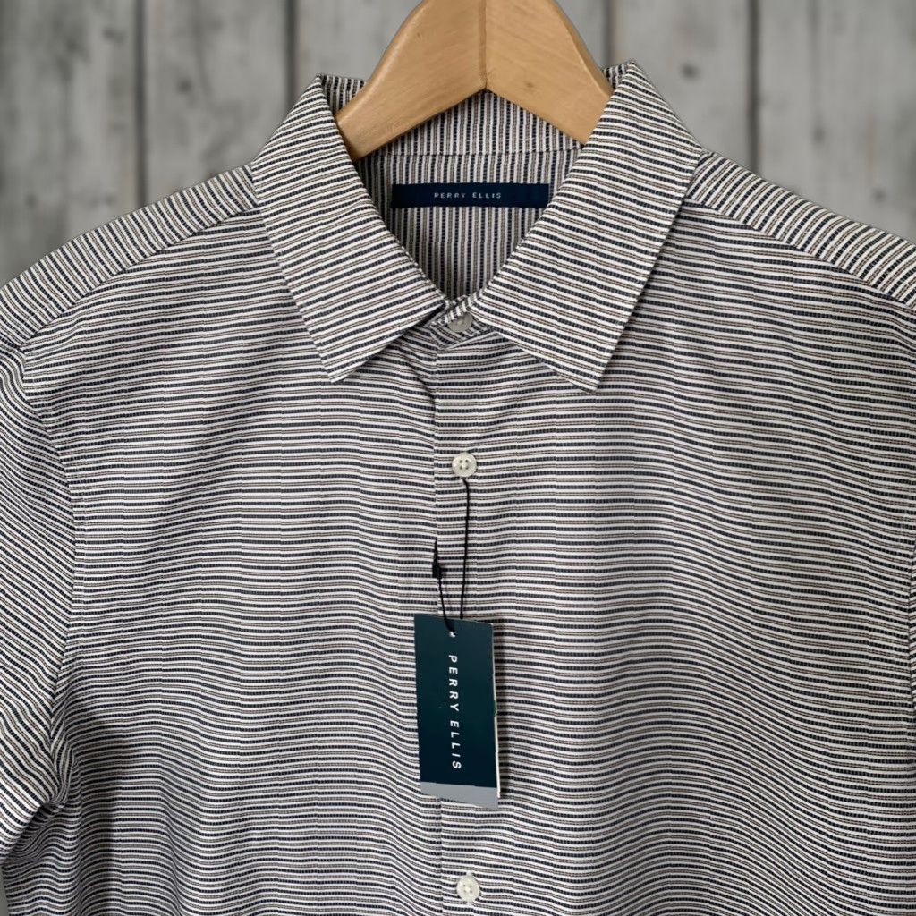 Perry Ellis Perry Ellis Shirt Mens Large Striped Print 100% Cotton Button Up White Long Sleeve Casual Modern Size US L / EU 52-54 / 3 - 1 Thumbnail