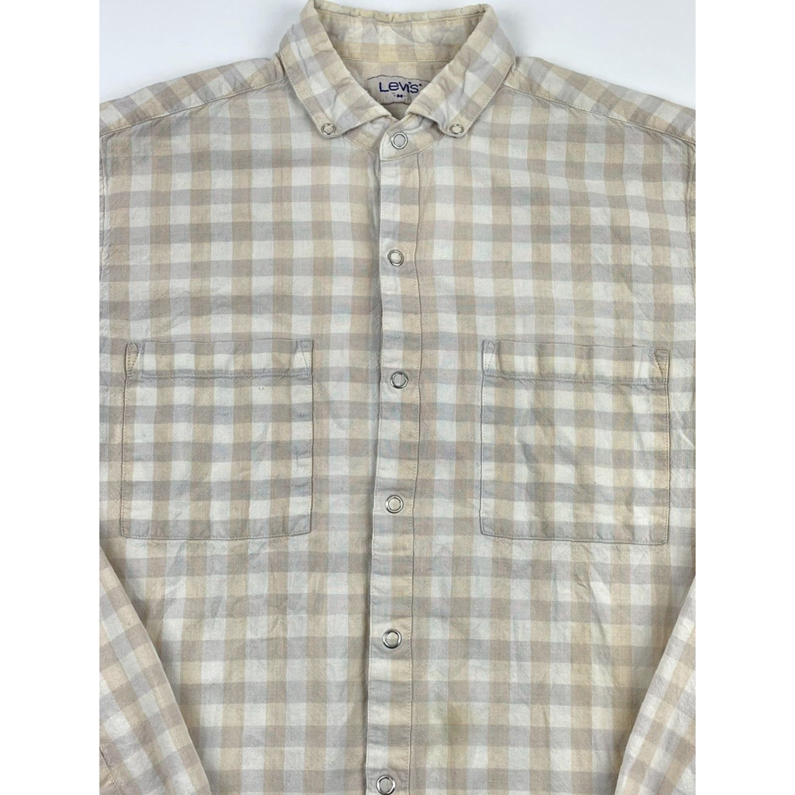Levi's VINTAGE Levi’s Men’s White Beige Checkered Long Sleeve Snap Front Shirt M Casual Button-Up Cotton Polyester 70s 80s Western Rockabilly Classic Mens Size US M / EU 48-50 / 2 - 2 Thumbnail
