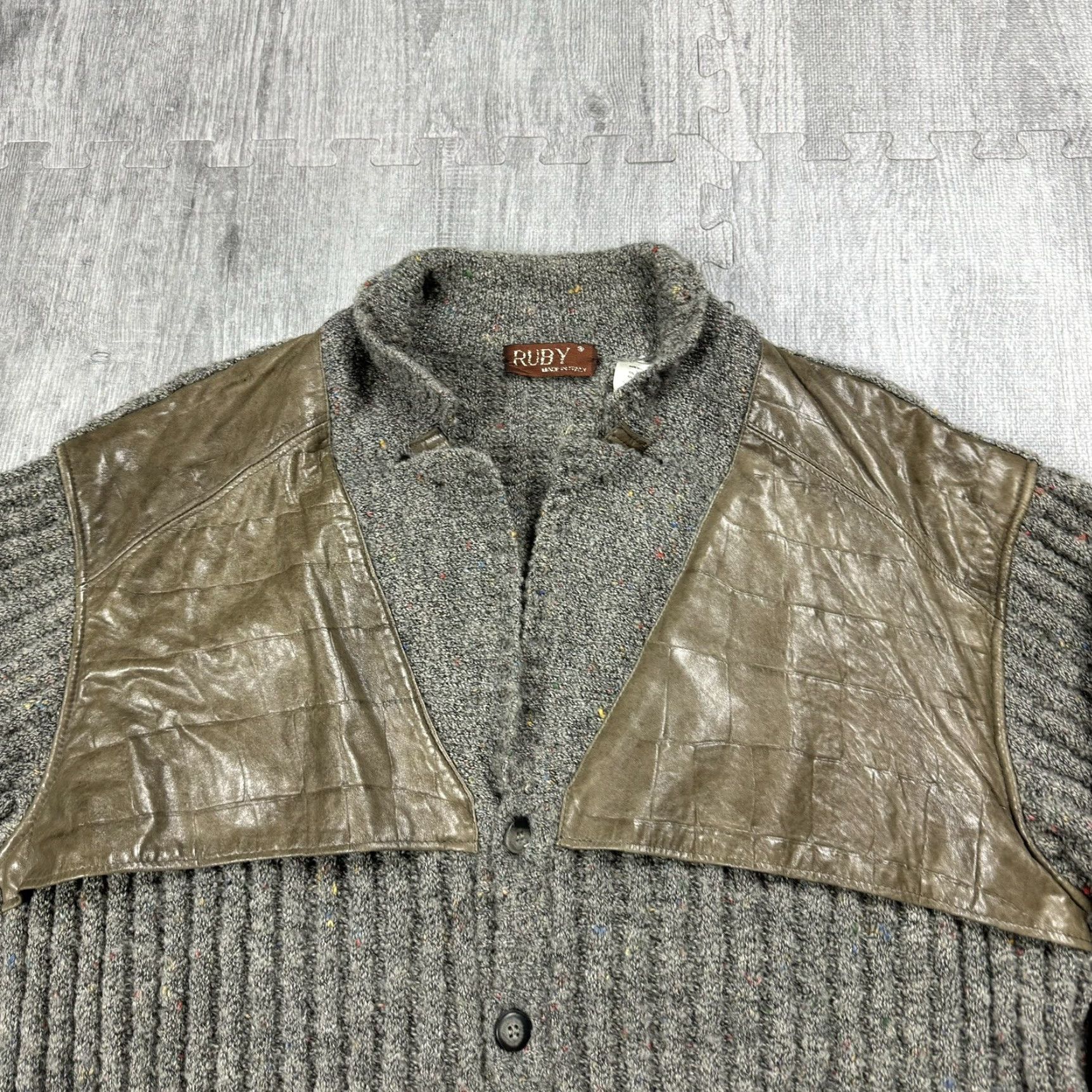 Vintage VINTAGE Ruby Leather Accent Rag Wool Mohair Cardigan Blazer Mens Italy SZ M Gray 1970s Secretary/Geek 70s Mens Size US M / EU 48-50 / 2 - 2 Thumbnail