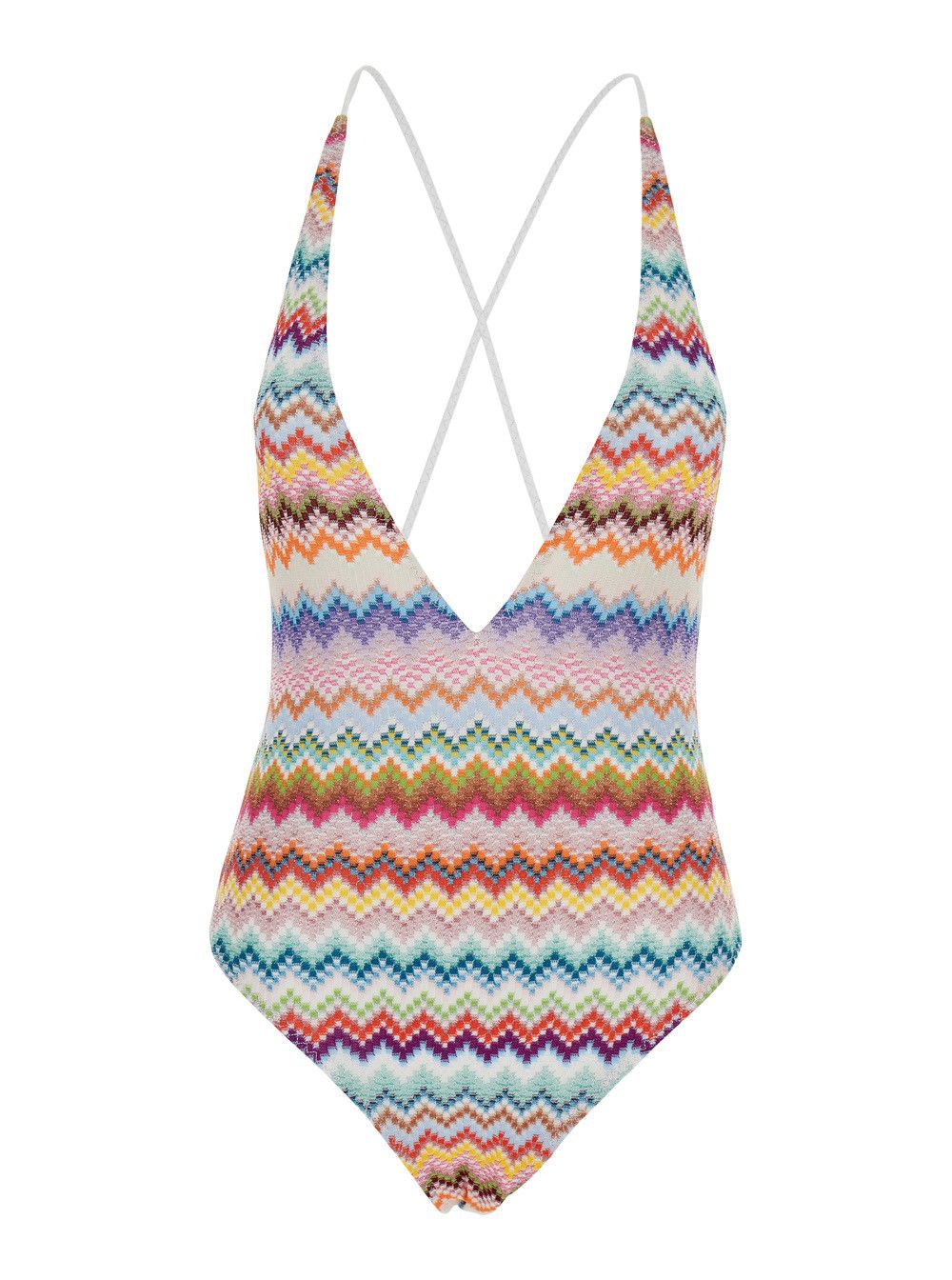 Multicolor One-Piece Swimsuit with V-Neck and All-Over Zig-Zag Motif in Stretch Viscose Blend Woman