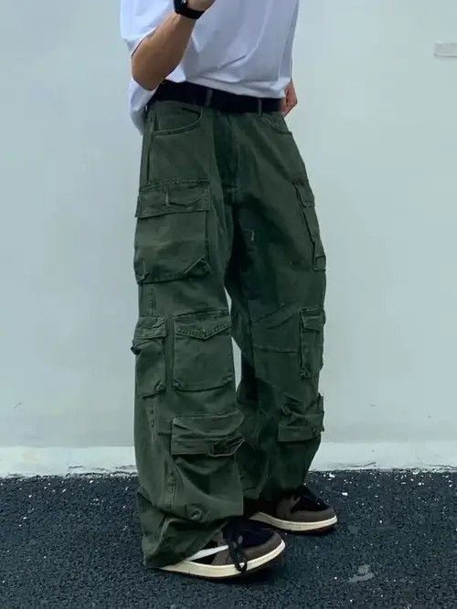 image of Vintage Cargo Pants Multi-Pockets Harajuku Straight Trousers in Khaki, Men's (Size 32)