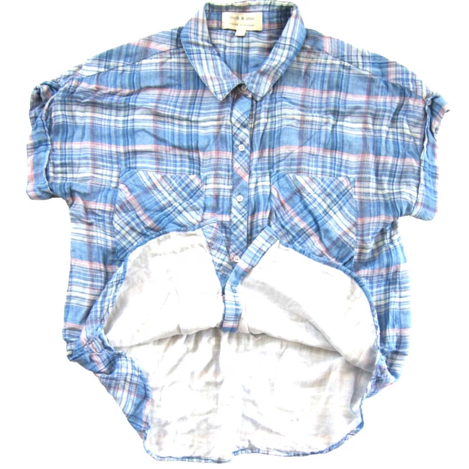 CLOT Cloth & Stone Blue Plaid Rayon Short Sleeve Collared Blouse Large Size L / US 10 / IT 46 - 4 Thumbnail