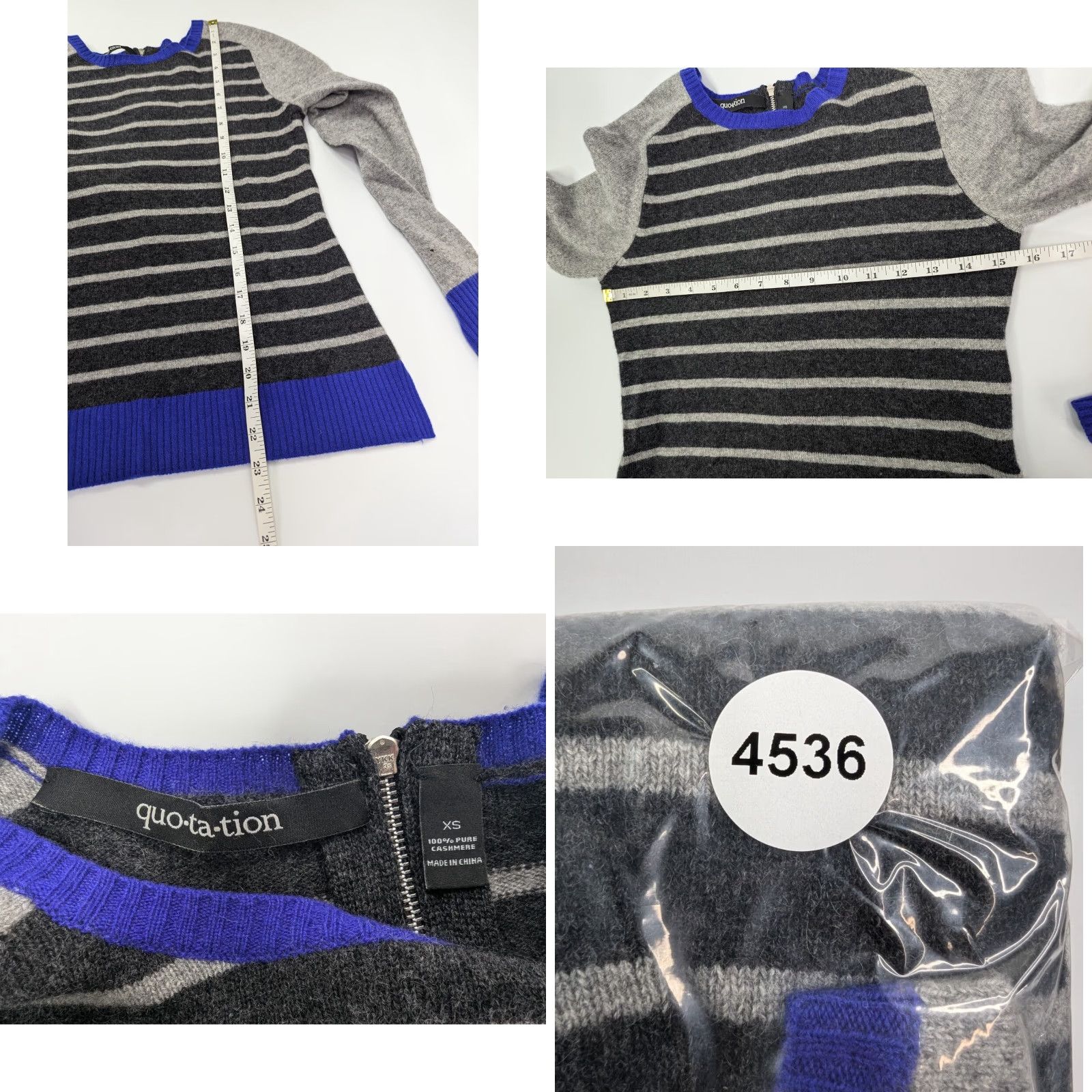 Vintage Quotation Sweater Striped Cashmere Gray Black Blue Womens XS (Holes) - Quilting? Size XS / US 0-2 / IT 36-38 - 8 Thumbnail