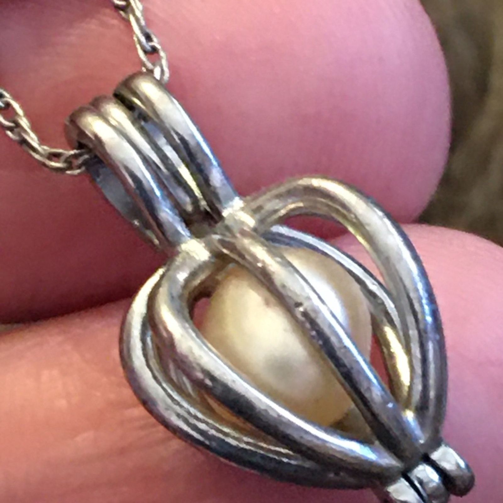 Vintage Vintage silver plated cage pendant & pearl w/chain Size ONE SIZE - 6 Thumbnail