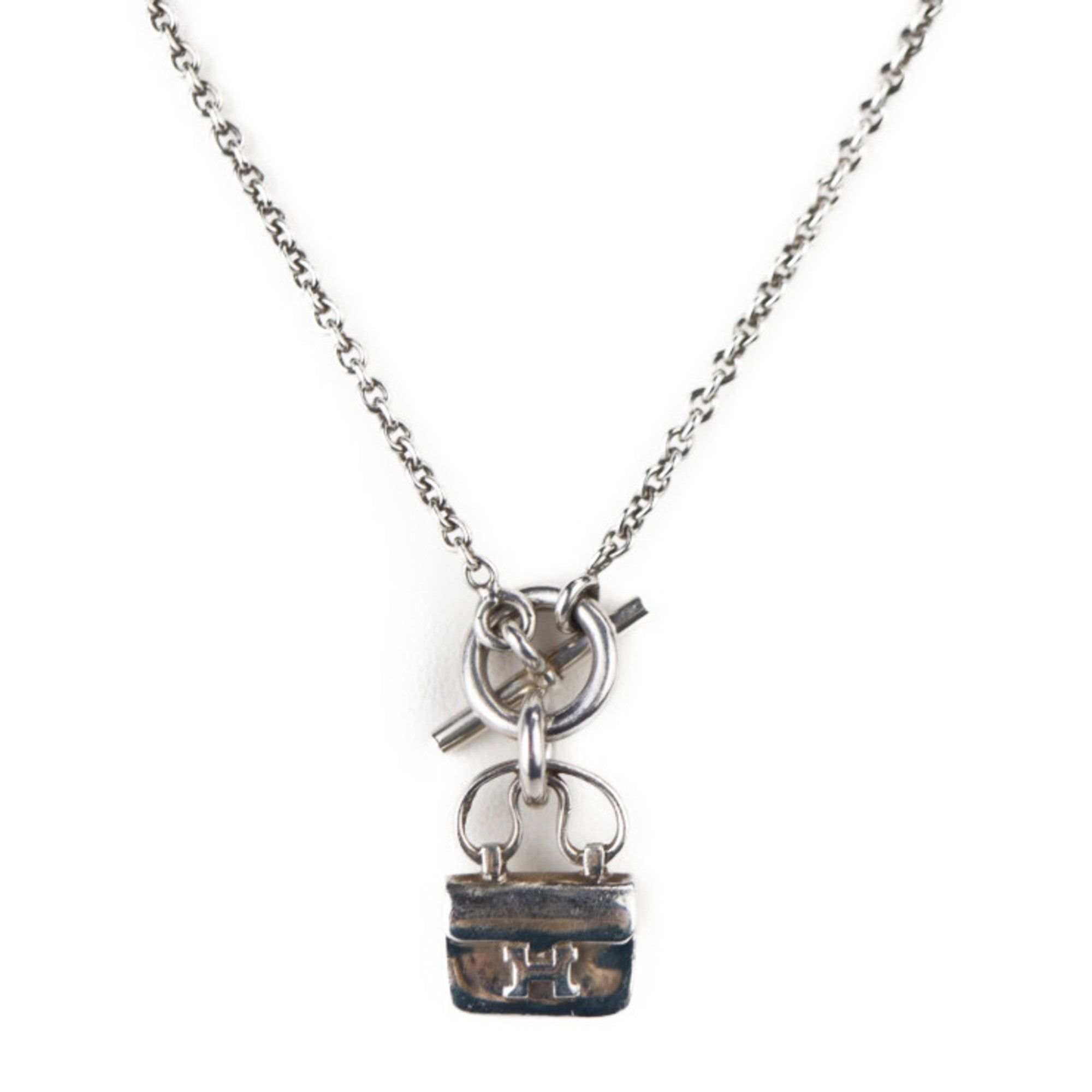 image of Hermes Amulet Constance Necklace Ag925 Silver Bag Motif Pendant in Black, Women's