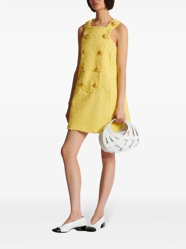 Balmain o1s1wg110825 Button Embellished Tweed Mini Dress in Yellow Size L / US 10 / IT 46 - 2 Thumbnail