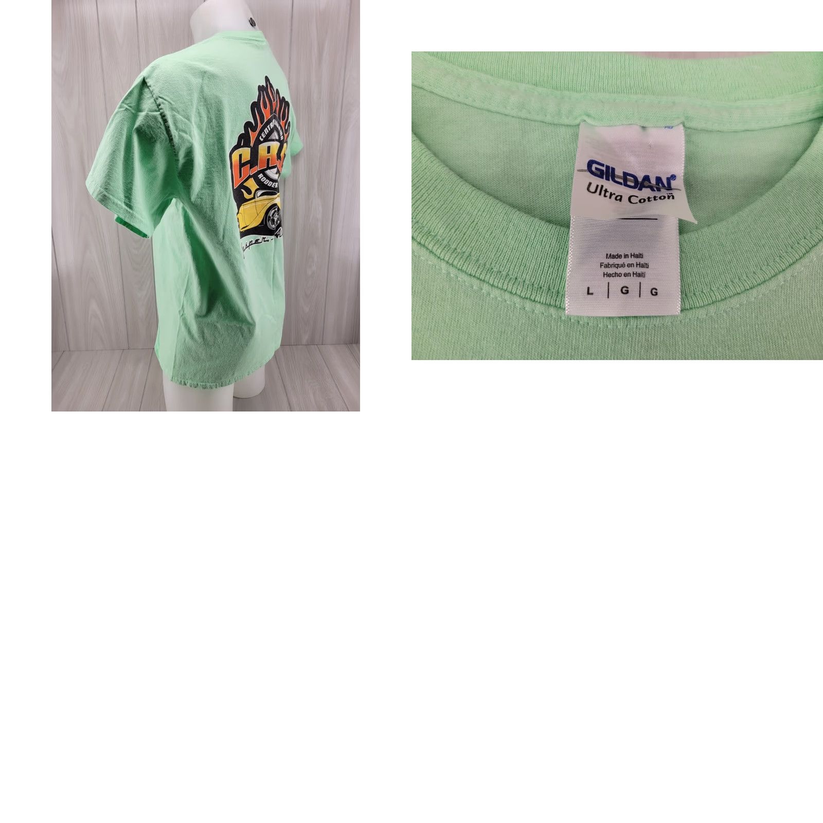 Gildan VINTAGE Central Alabama Rodders Society Mens Shirt L Green Shirt Mens L Green 90s Hot Rod Theme Size US L / EU 52-54 / 3 - 8 Thumbnail
