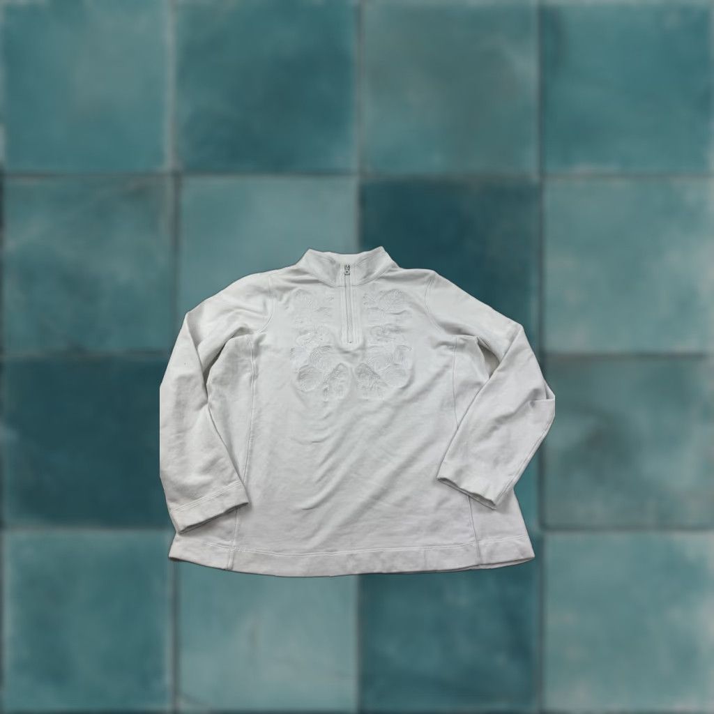 Tommy Bahama Tommy Bahama Shirt White XL 1/2 Zip Mock Neck Floral Embroidered Top Tee Womens Size XL / US 12-14 / IT 48-50 - 1 Thumbnail