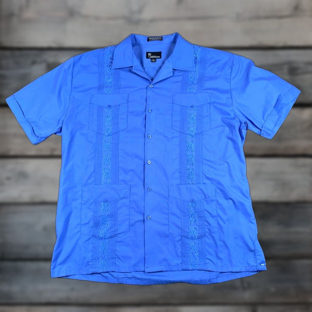 Omega OMEGA Guayabera Pleated Pocket Shirt Adult XL Blue Cotton Blend Cuban Retro Tag Size US XL / EU 56 / 4 - 1 Thumbnail