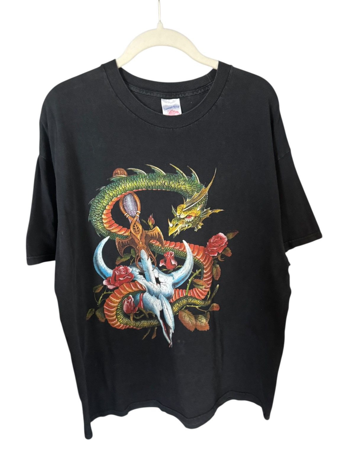 Vintage Vintage 90's Dragon with Sword & Skull T-shirt Size US XL / EU 56 / 4 - 1 Thumbnail