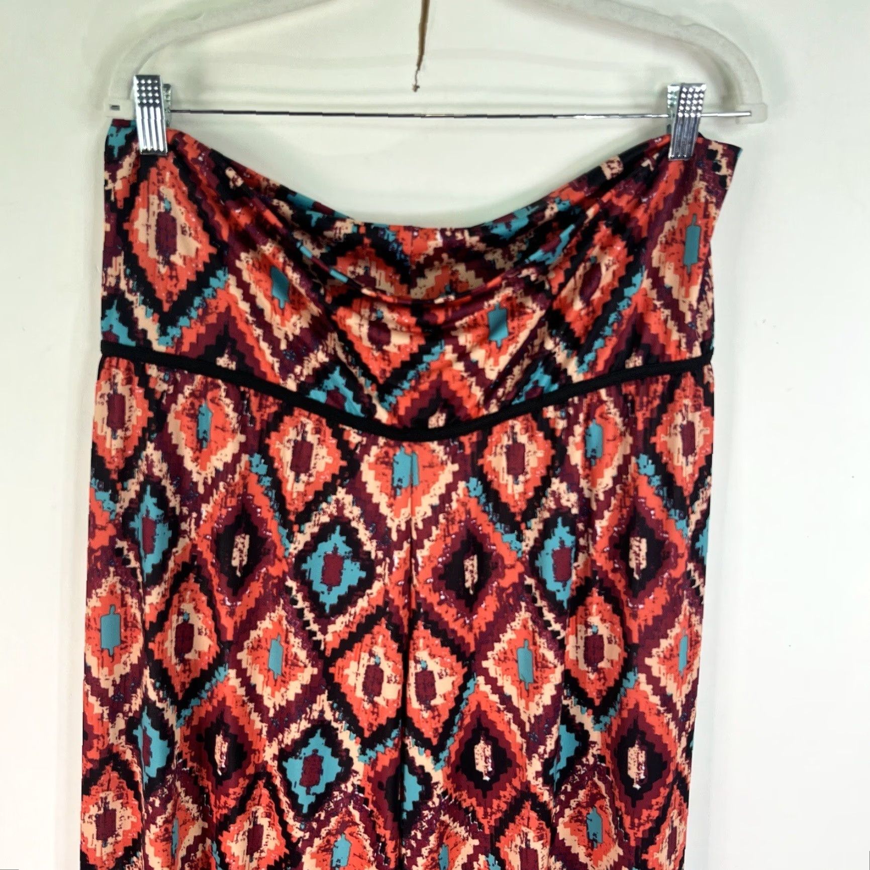 Vintage L Bisse Pants Women XL Orange Geometric Stretch Flare Leg Elastic Waist Size 40" / US 18 - 2 Thumbnail