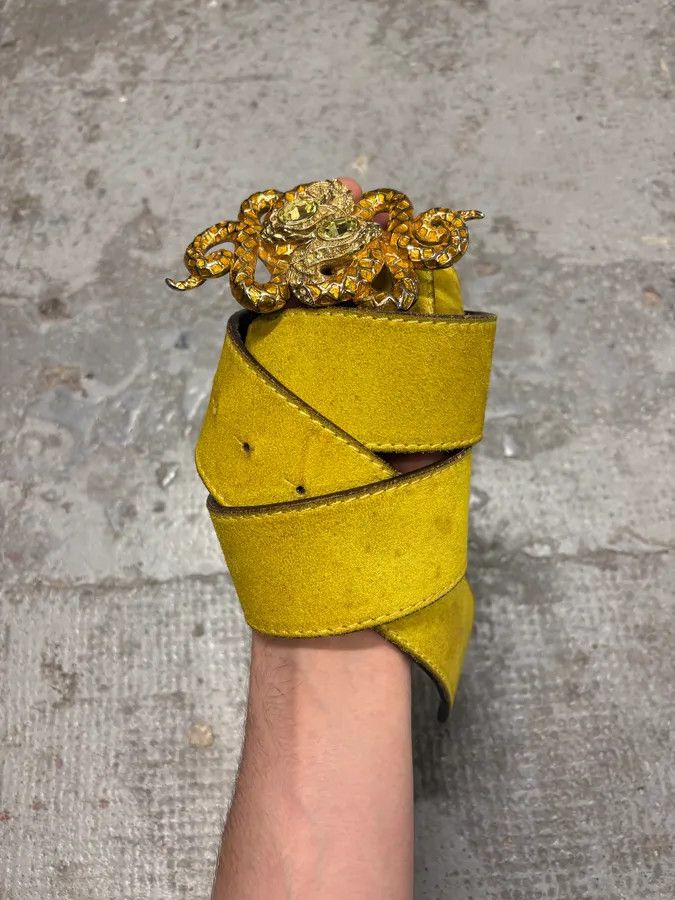 Roberto Cavalli × Vintage 2000s Roberto Cavalli Yellow Suede Leather Embellished Buckle Belt Size ONE SIZE - 5 Thumbnail