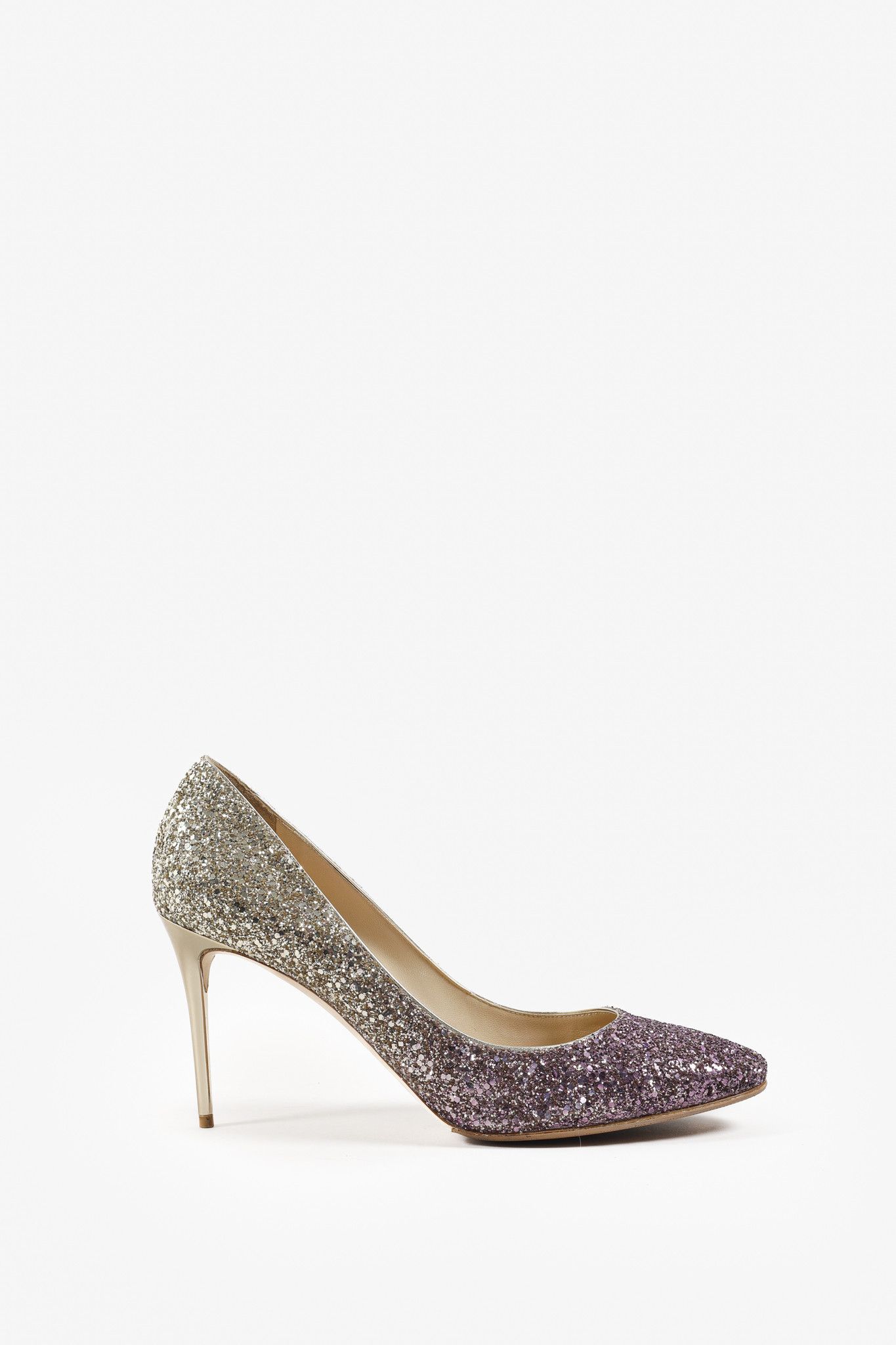 image of Jimmy Choo Romy Pink & Gold Sparkles Ombre Heel Shoes in Glitter, Women's (Size 12)