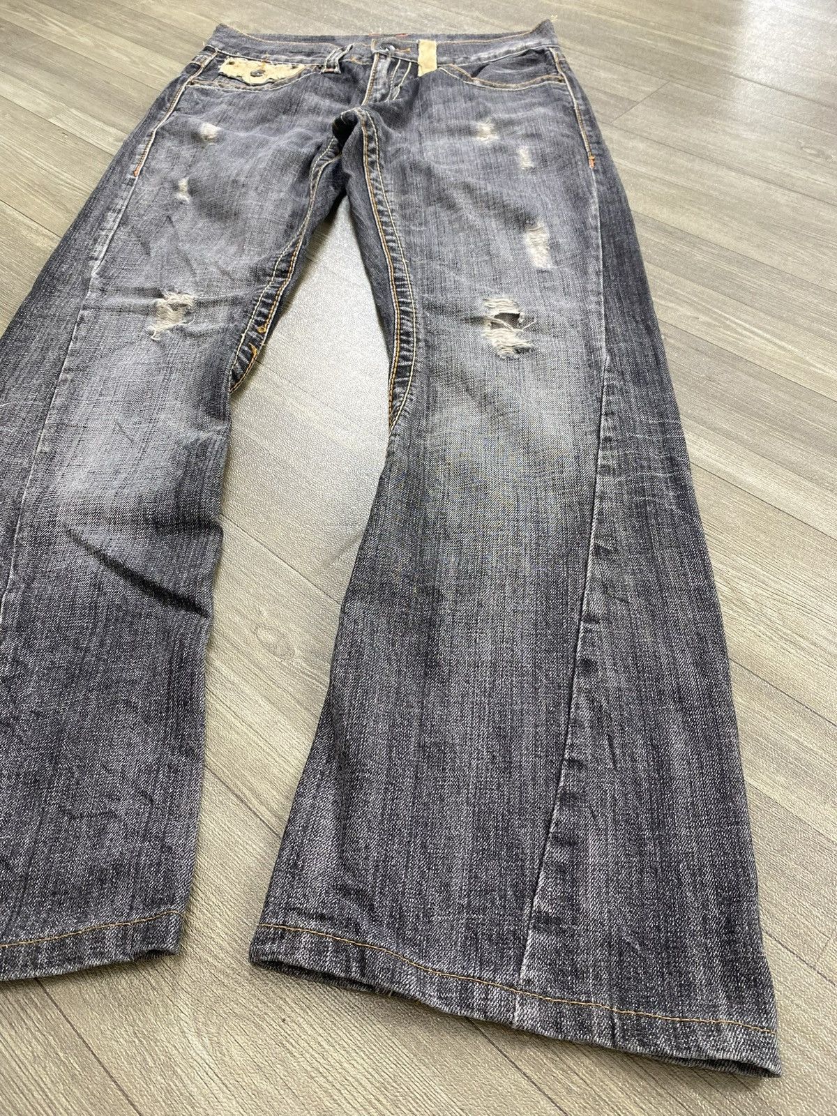 If Six Was Nine × Le Grande Bleu (L.G.B.) × Tornado Mart 2000s Semantic Design Distressed Punk Lgb Y2k Flared Jeans Size US 29 - 4 Thumbnail