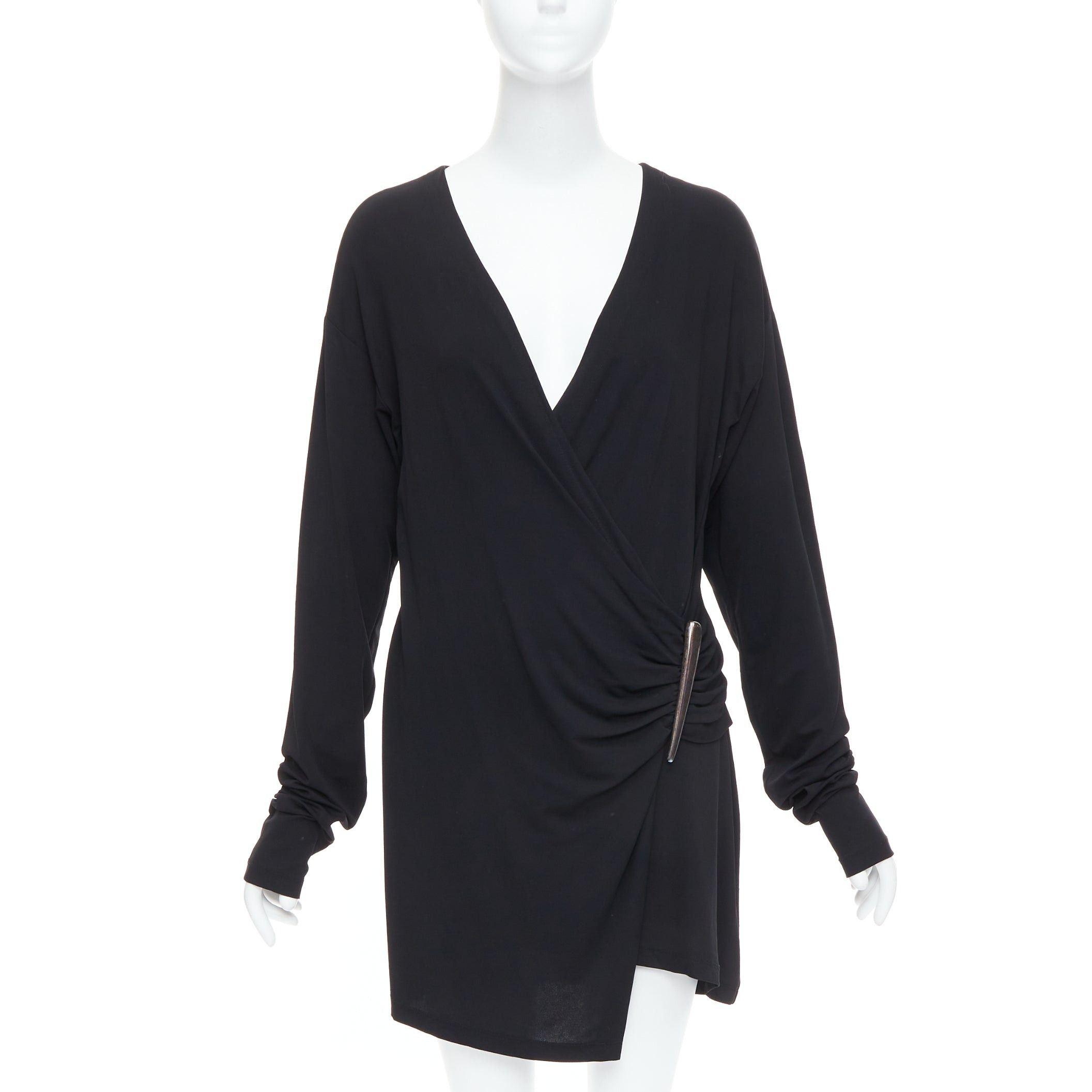 Donna Karan DONNA KARAN Vintage black viscose blend V neck silver buckle drape mini dress L Size M / US 6-8 / IT 42-44 - 1 Thumbnail