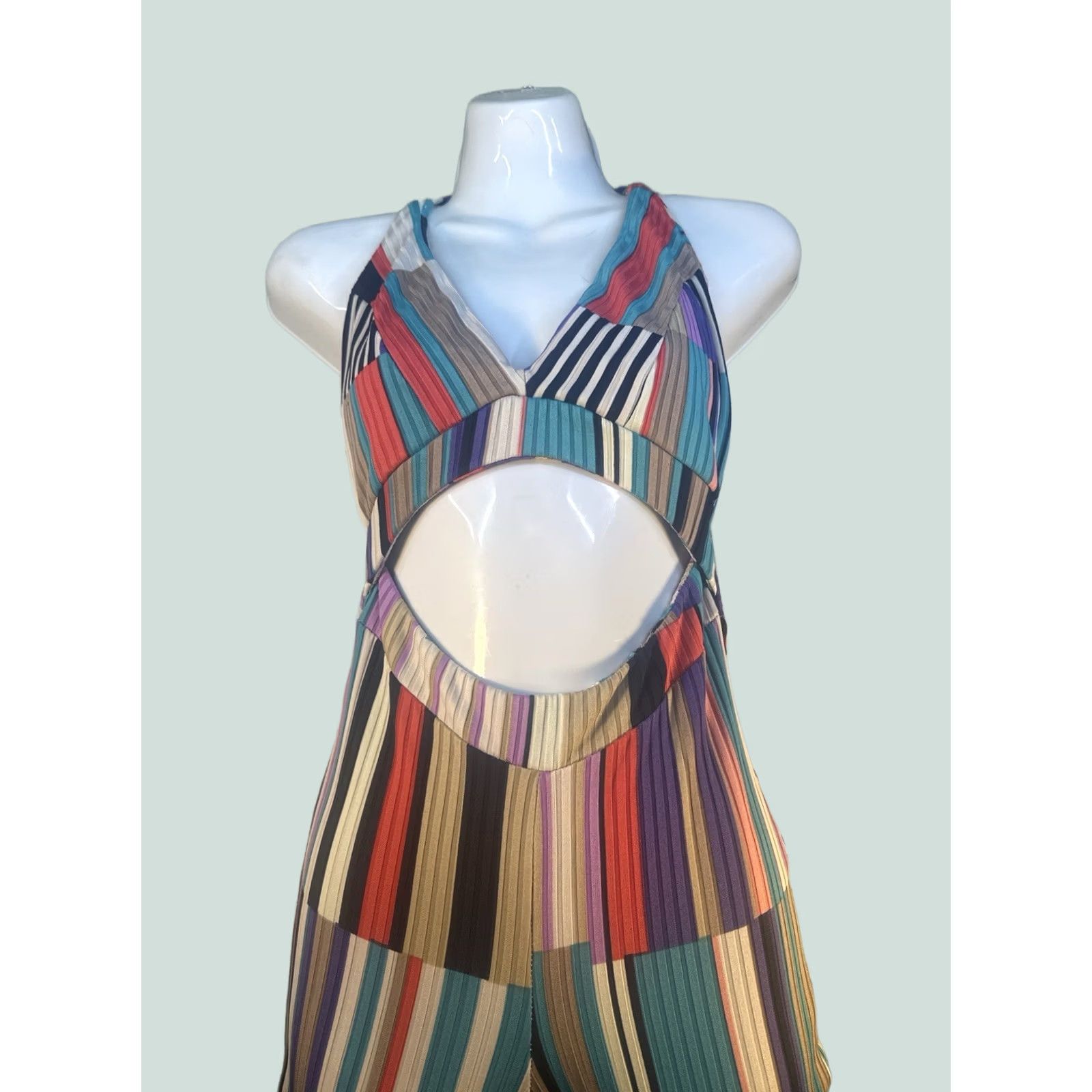 Vintage Womens Small Boho Stripe Wide Leg Jumpsuit Cutout 32” Inseam Size 28" / US 6 / IT 42 - 1 Thumbnail