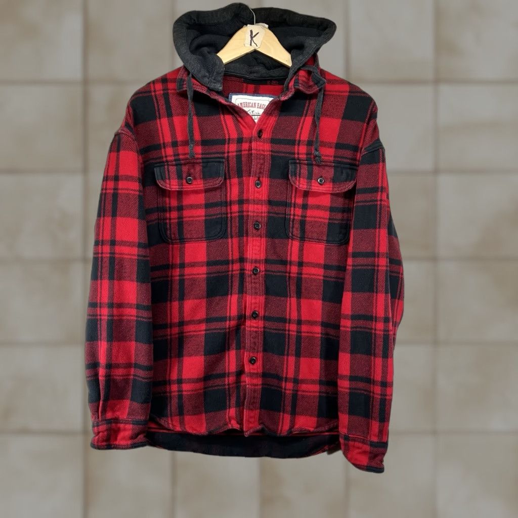 American Eagle Outfitters VINTAGE Mens American Eagle Buffalo Plaid Thick Knit Shirt Removable Hood Medium Shacket Size US M / EU 48-50 / 2 - 1 Thumbnail