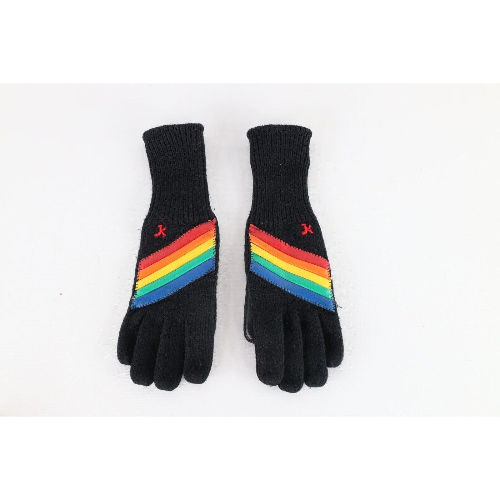 Vintage Vintage 70s Streetwear Rainbow Striped Leather Trim Gloves Size ONE SIZE - 1 Thumbnail