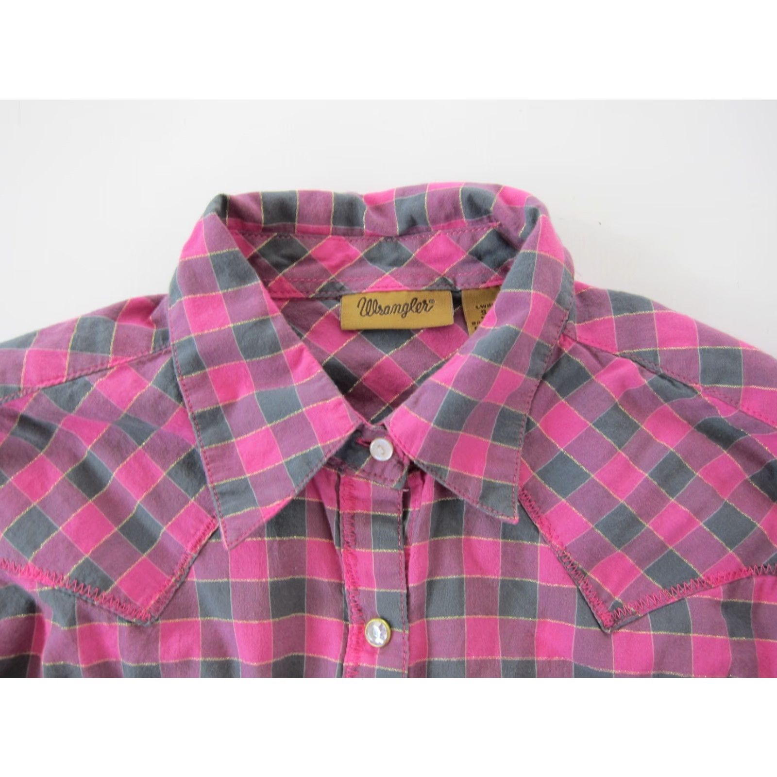 Wrangler Wrangler Cotton Blouse Shirt Pink Grey Gold Plaid Diamond Snap Collar Long Sleeve S Womens Size S / US 4 / IT 40 - 5 Thumbnail