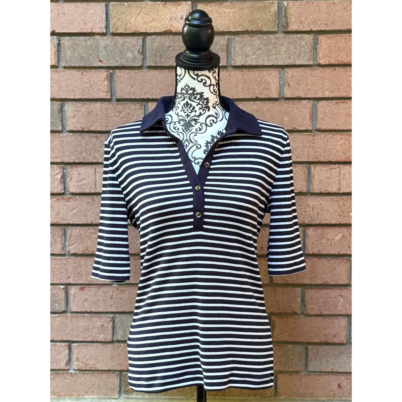 Loft EUC LOFT Women's Navy White Striped Collared Blouse Large Size L / US 10 / IT 46 - 1 Thumbnail