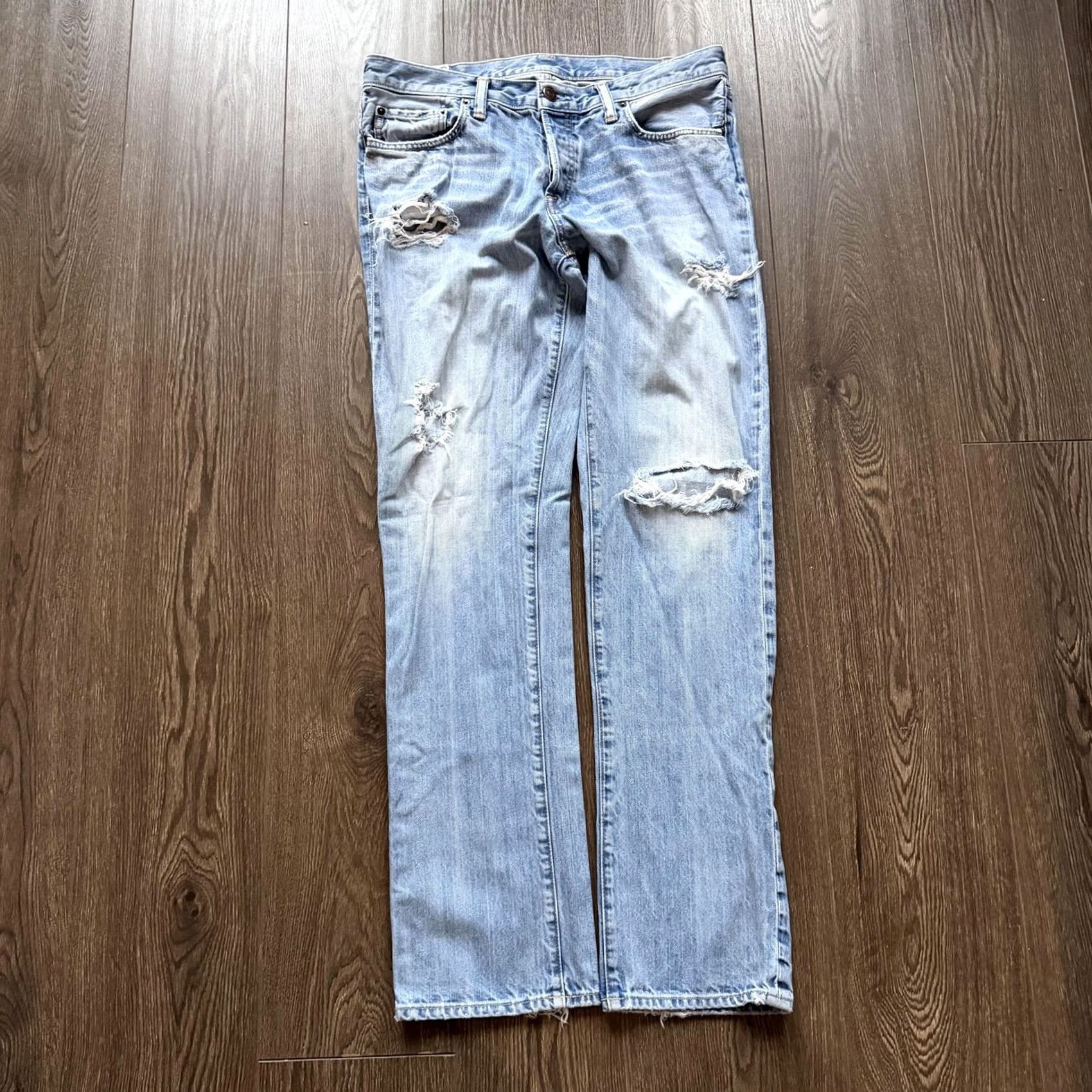 Abercrombie & Fitch VINTAGE Abercrombie & Fitch Jeans 34x34 Blue Light Wash Straight Distressed Men Regular Fit Denim Pockets Logo 90s 想 Size US 34 / EU 50 - 4 Thumbnail