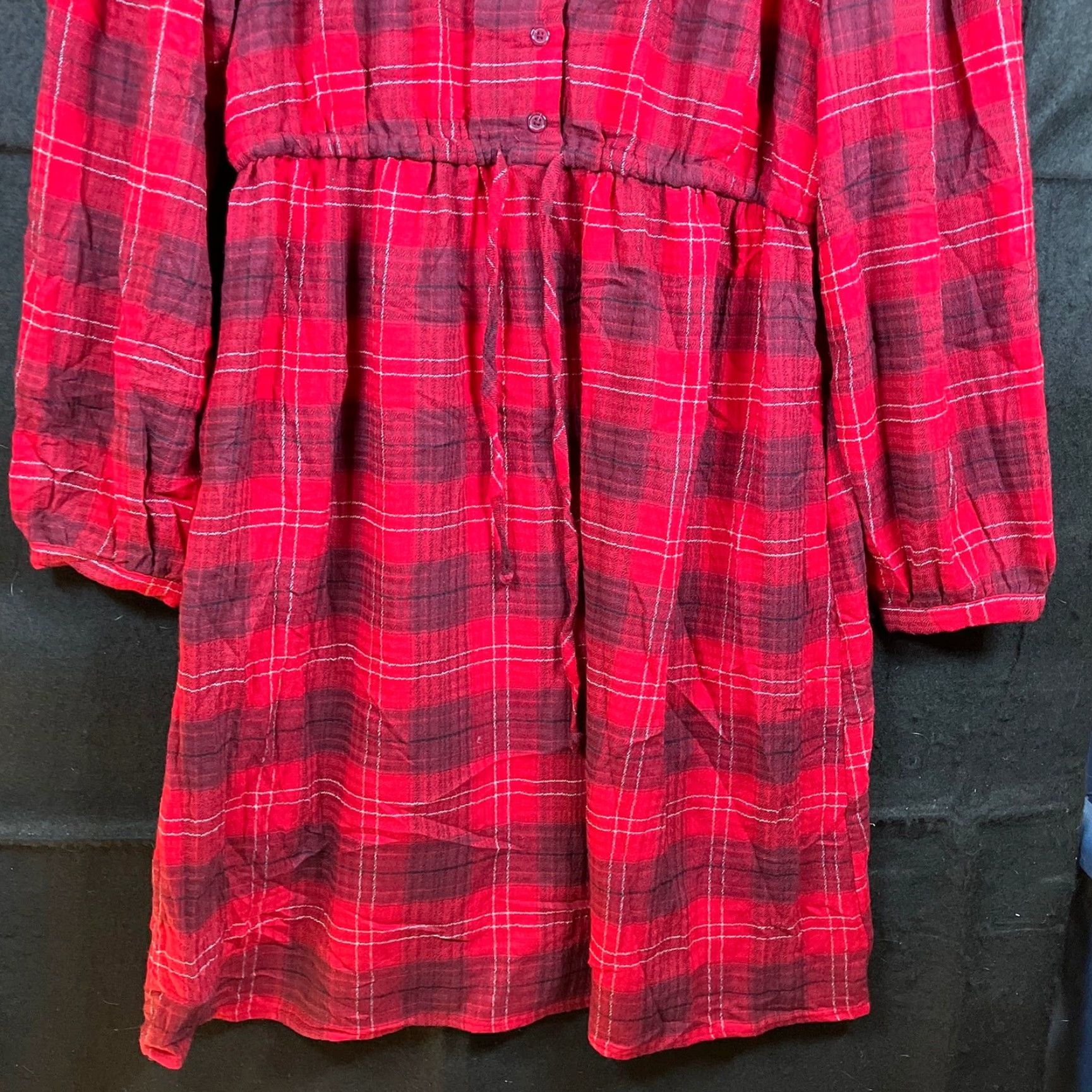 Vintage Knox Rose Womens Dress Red Plaid Pull Over V Neck Half Button Down Stretch XL Shirt Dress Long Sleeve Casual Travel Workwear Size XL / US 12-14 / IT 48-50 - 3 Thumbnail