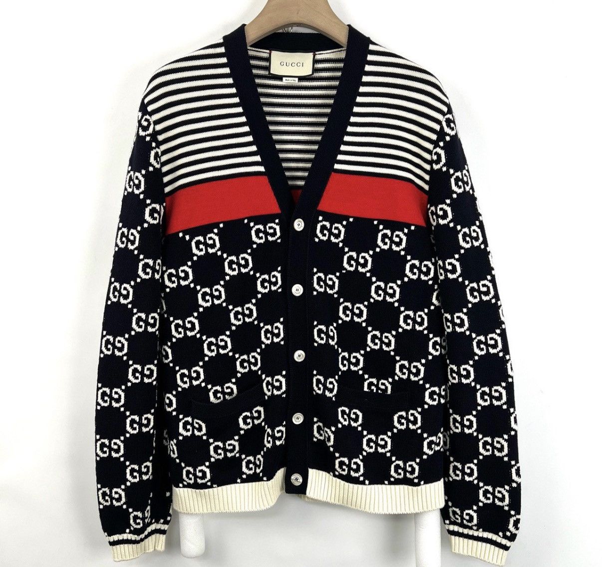 Gucci Gucci/All-Over Print Panel Stripe Knit Cardigan K12 Size L / US 10 / IT 46 - 1 Thumbnail
