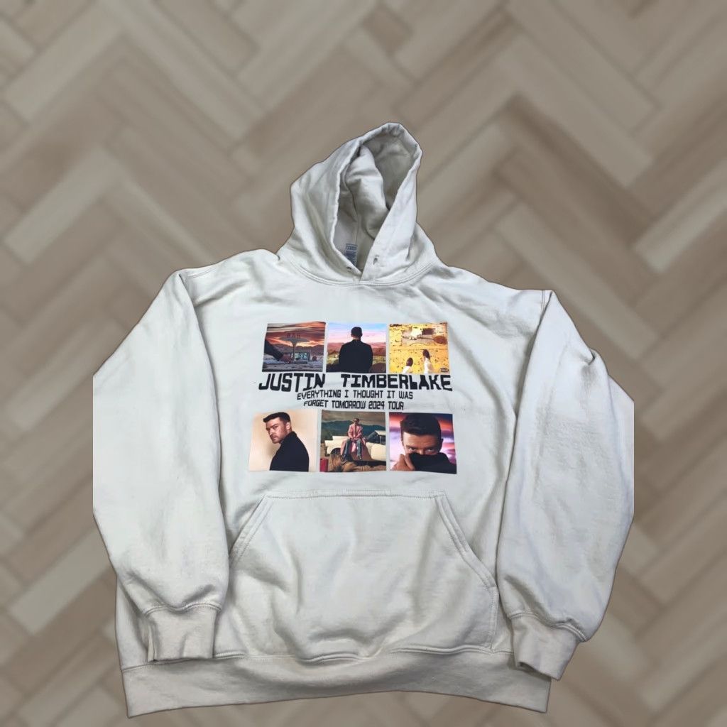 Gildan 2024 Justin Timberlake Forget Tomorrow World Tour Hoodie L Beige Merch Mens Pullover Hooded Pockets All Seasons Size US L / EU 52-54 / 3 - 1 Thumbnail