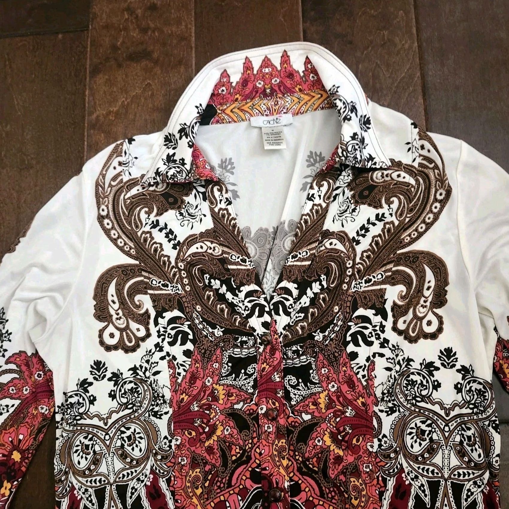 Vintage Cache Boho Paisley Blouse Womens M Long Sleeve Button Stretch Top Size M / US 6-8 / IT 42-44 - 6 Thumbnail