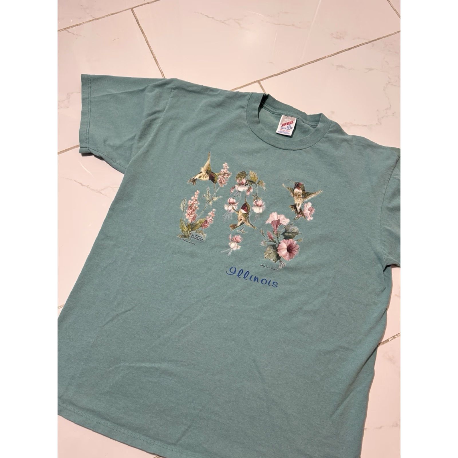 Jerzees VINTAGE 90s Birds Art Nature Flower Cute Illinois Teal Blue T-Shirt XL Jerzees Unisex Adults Blue Nature Shirt XL Size US XL / EU 56 / 4 - 3 Thumbnail