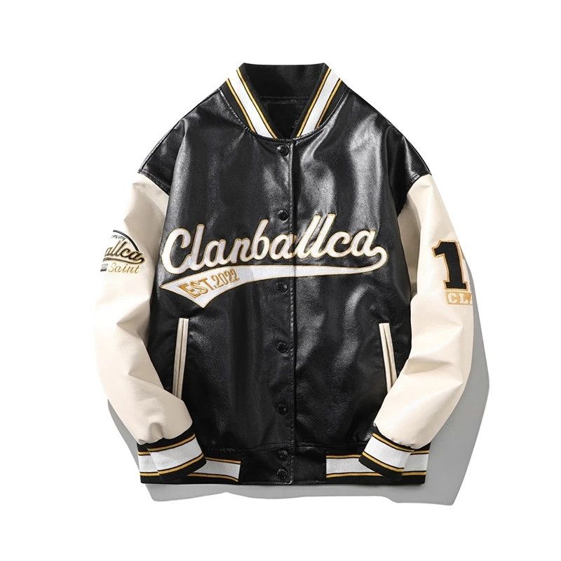 PU Leather Motorcycle Rock Star Embroid Varsity Jacket