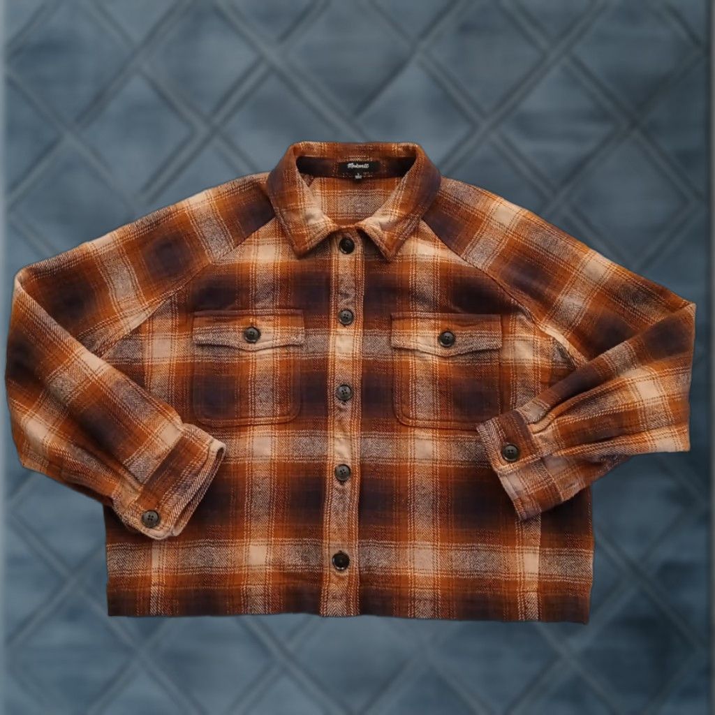 Madewell Madewell Jacket Womens Large Brown Plaid Cropped Long Sleeve Button Up Pockets Size L / US 10 / IT 46 - 1 Thumbnail