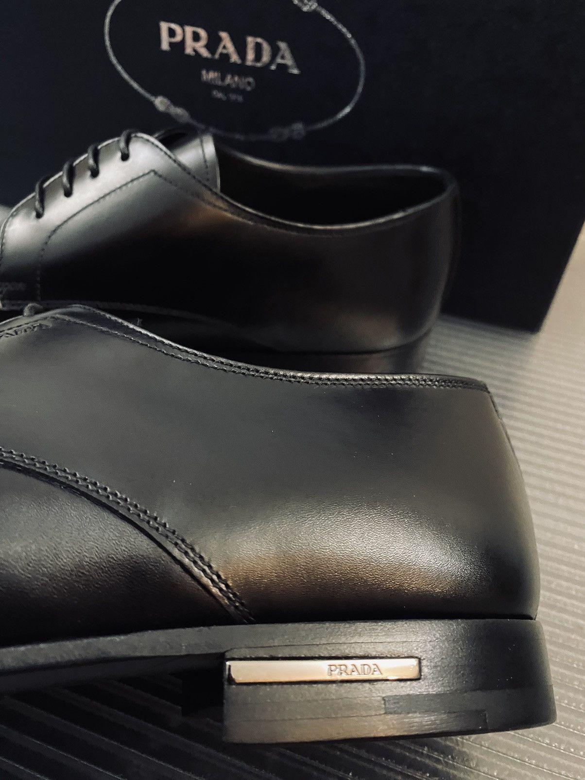 Prada Prada 🇮🇹 Nero calfskin logo ornamented stack heel derby 9 NEW Size US 9 / EU 42 - 7 Thumbnail